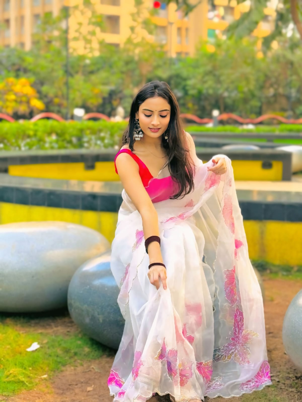 New One Minute Ready To Wear  Pure Soft Organza Silk Saree With Multicolour Butterfly Moti Handwork With Same Model Unstiched Blouse Piece