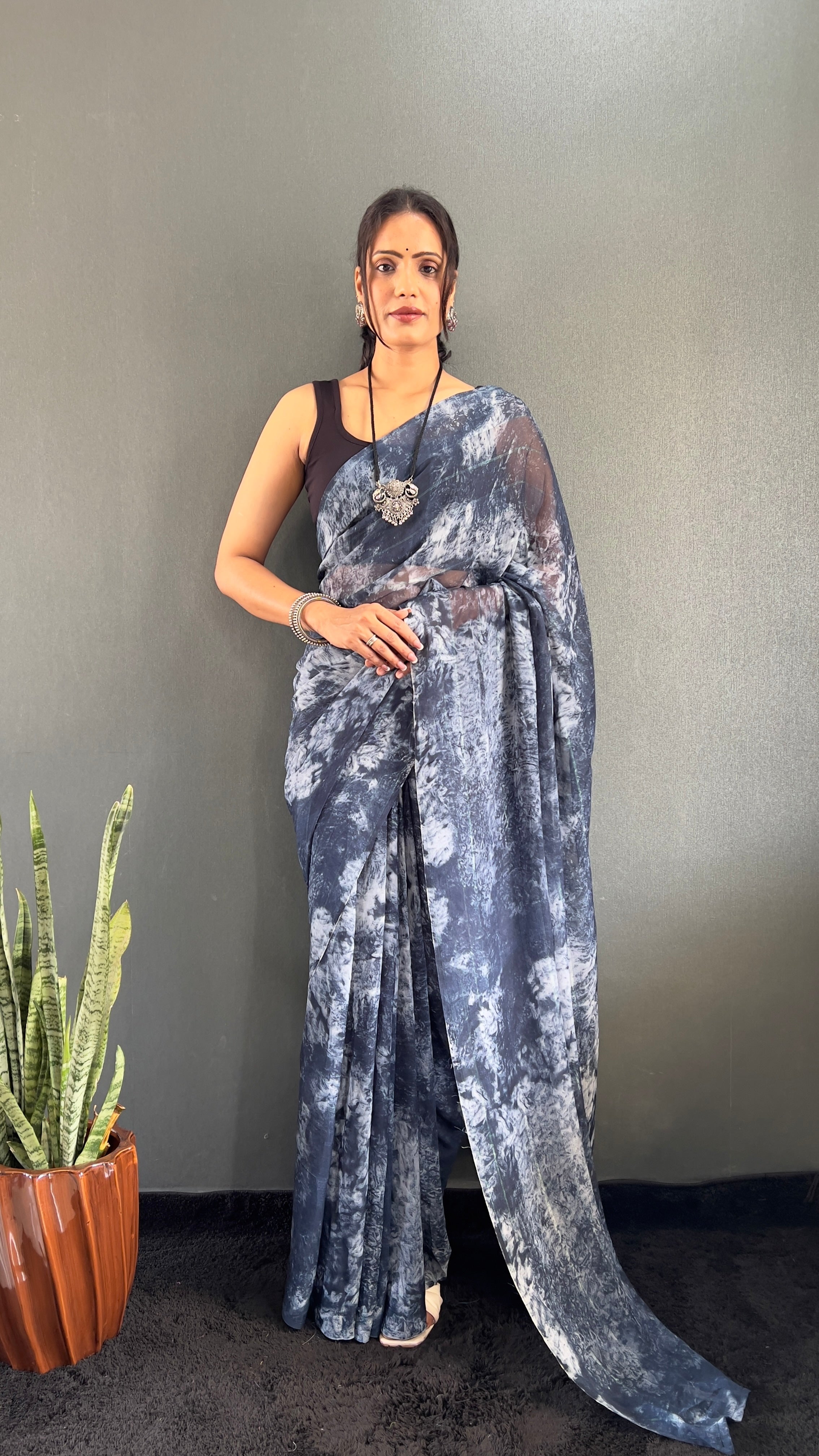 Adita One Minute Ready To Wear Navy Blue Saree With Unstiched Blouse