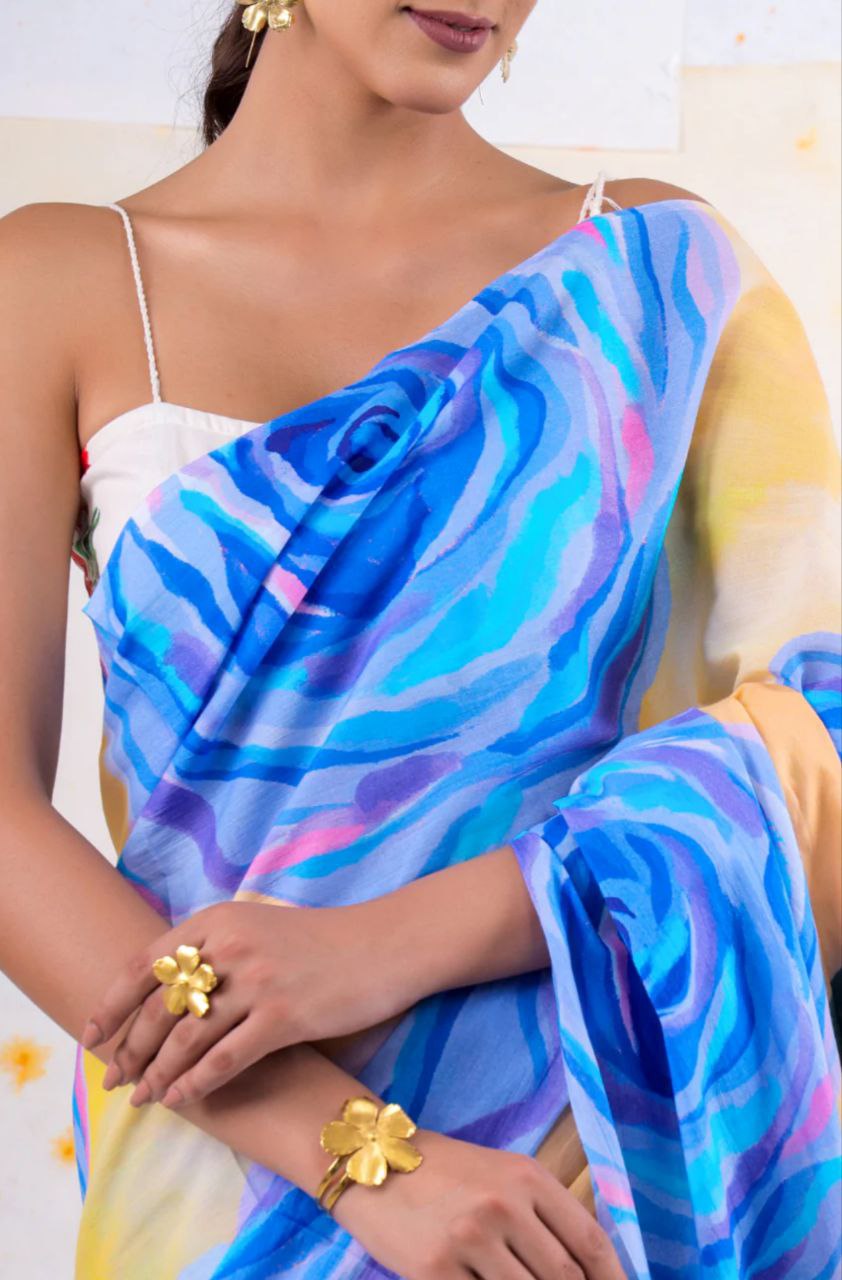 New Designer Original Japan Satin Rose Flower Printed Blue Saree With Digital Printed Unstiched Blouse Piece