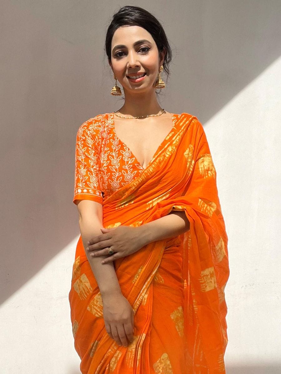 New One Minute Ready To Wear  Pure Soft Mul Cotton Silk Orange Saree With  Pocket Along With Running Unstiched Blouse Piece