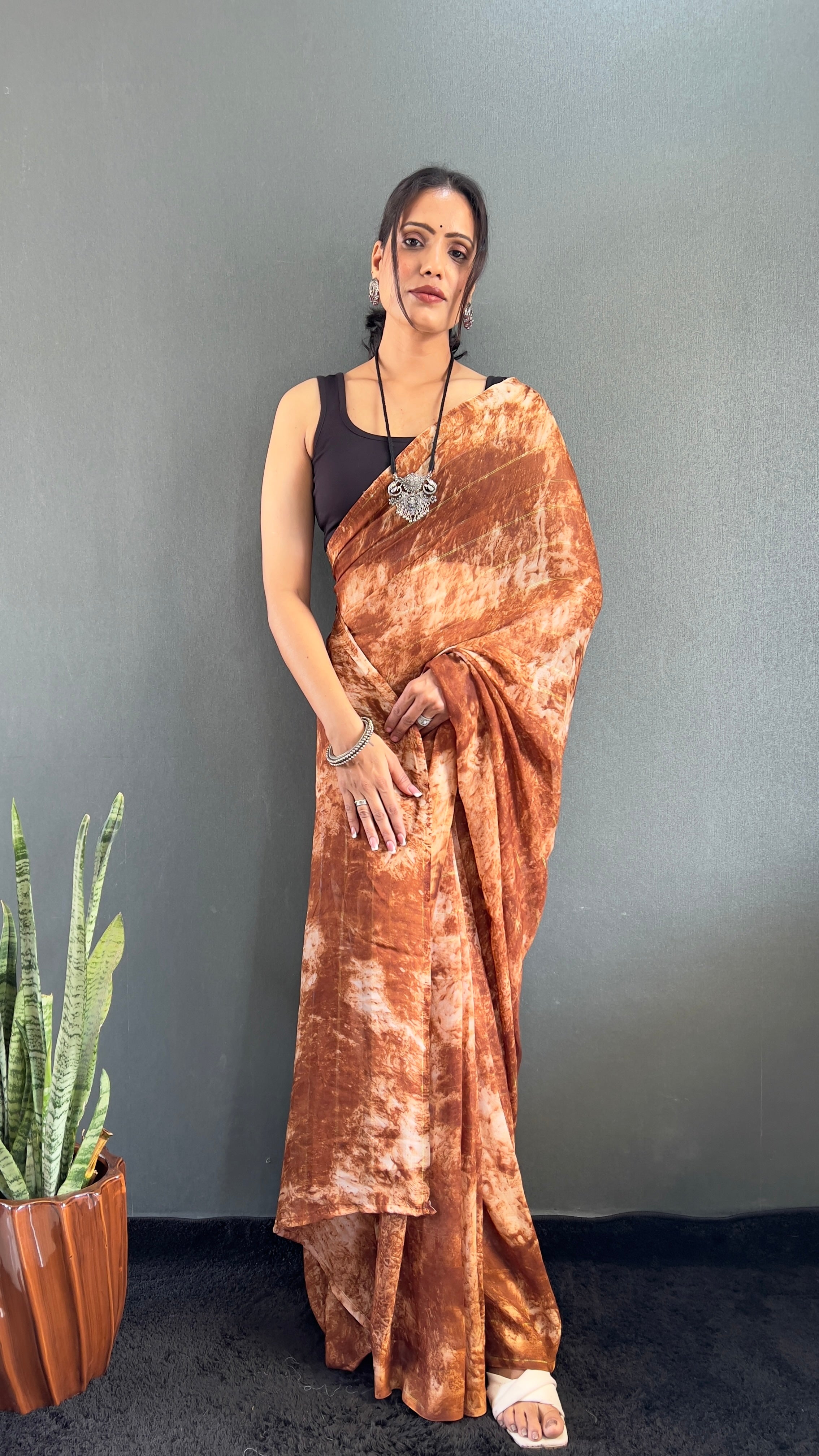 Adita One Minute Ready To Wear Brown Saree With Unstiched Blouse