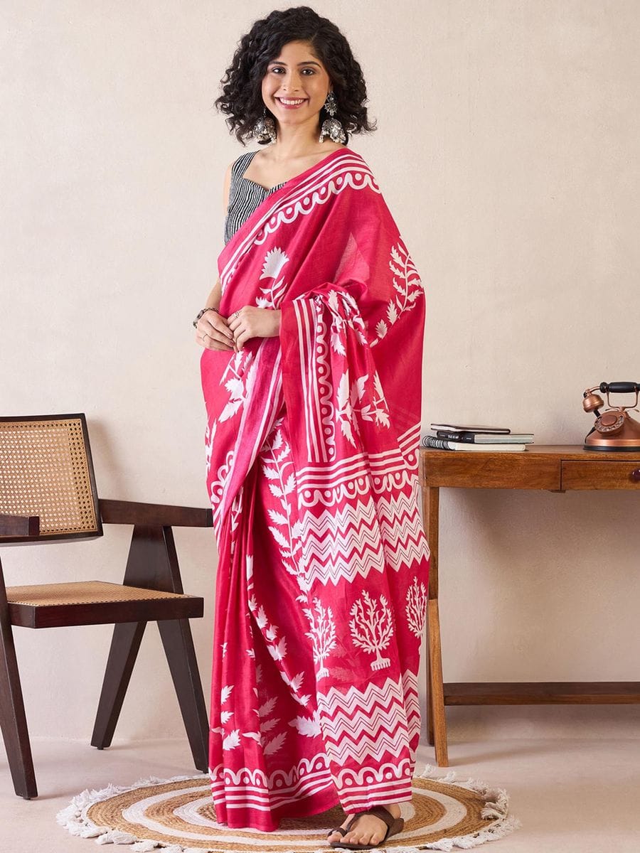 New One Minute Ready To Wear  Pure Soft Mul Cotton Silk Rani Pink Saree With  Pocket Along With Running Unstiched Blouse Piece