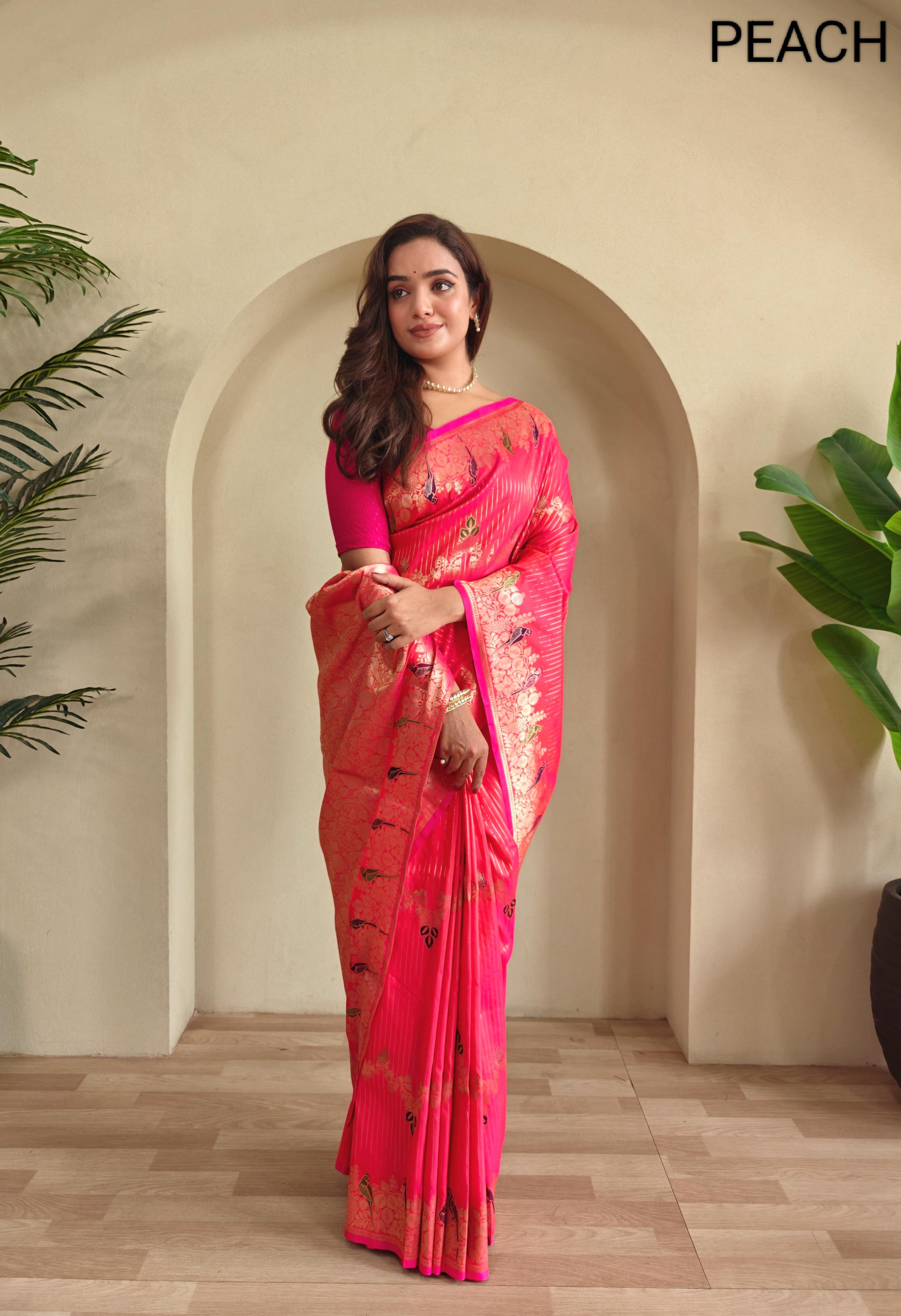 New Designer Banarasi Mushro Satin Silk Zari Weaved Peach Saree With Unstiched Blouse Piece