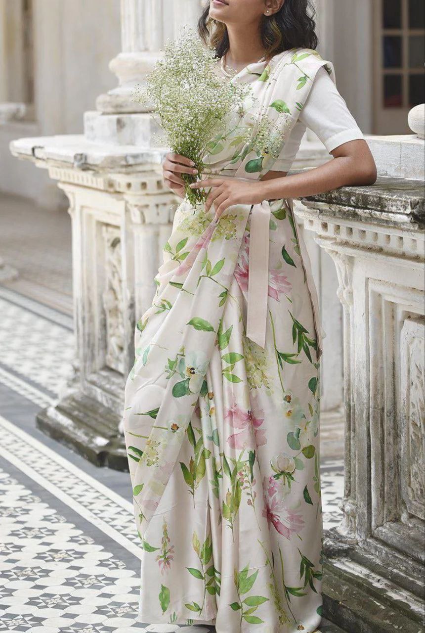 New Designer Original Japan Satin Leaf Flower Printed White Saree With Digital Printed Unstiched Blouse Piece