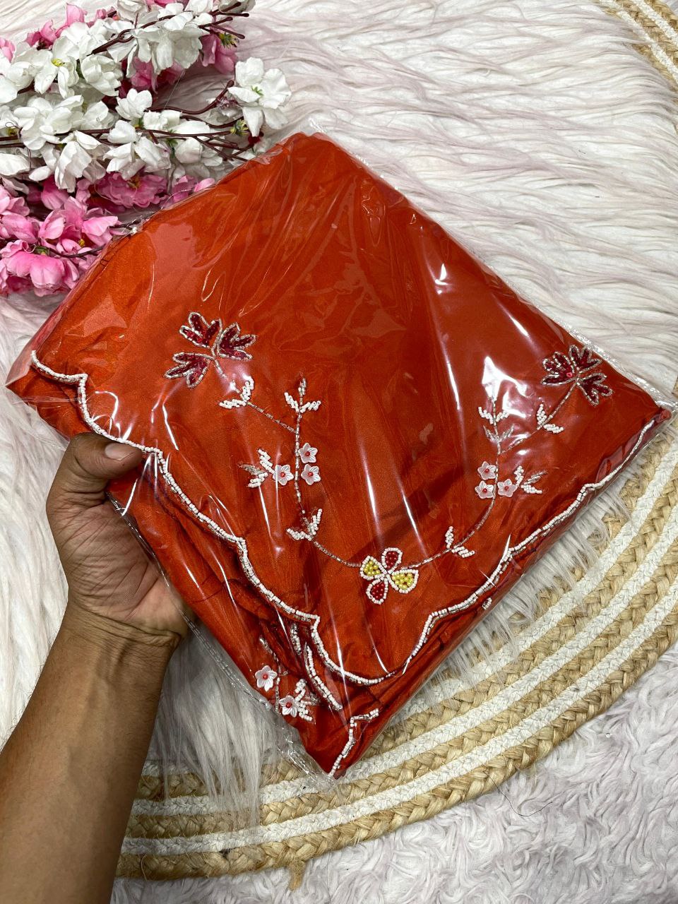 New Designer HO Silk Saree With Arco Border Cutdana Hand Work - Orange