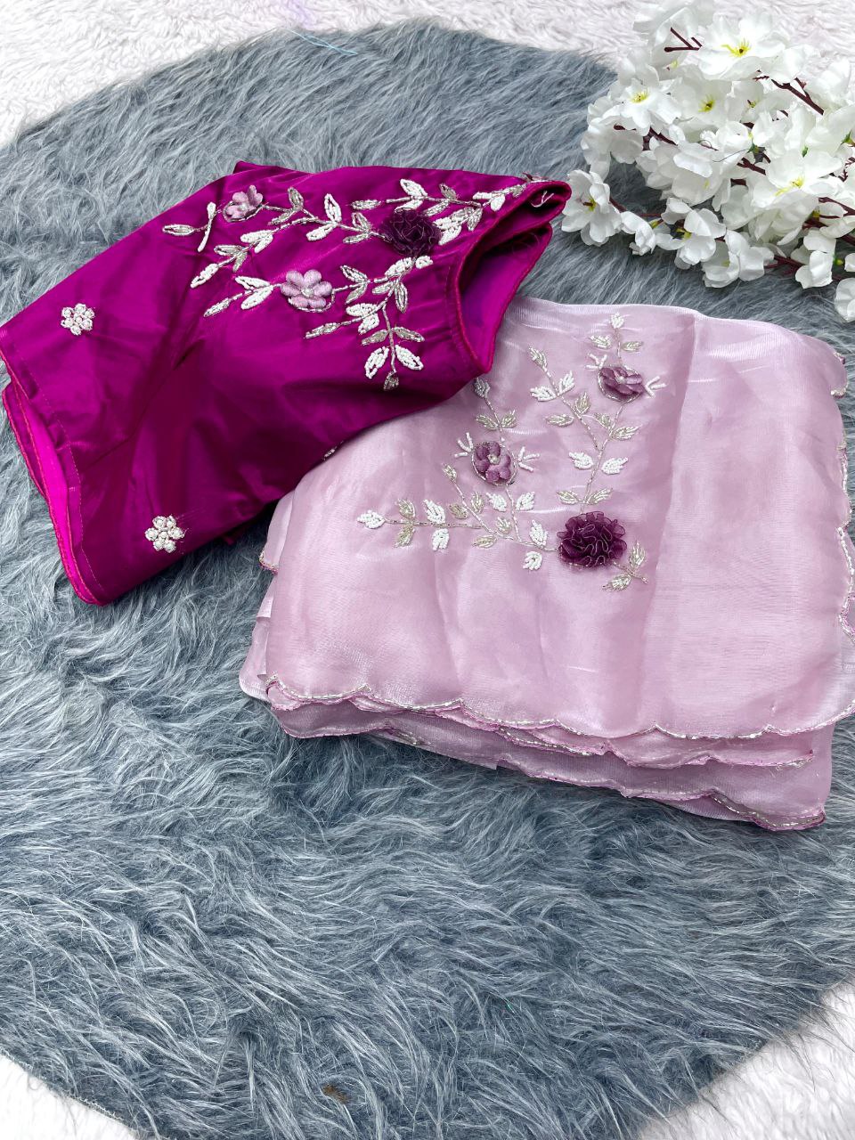 New Designer Jimmy Choo Satin Saree With Khatli Cutdana Handwork - Pastel Purple