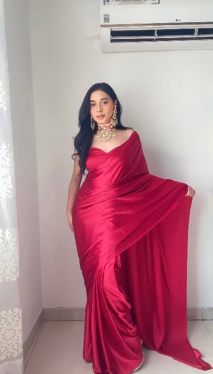 New One Minute Ready Wear Red Satin Saree