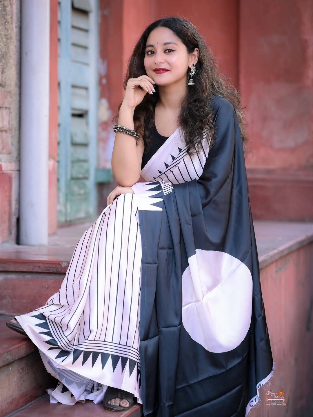 New One Minute Ready To Wear Digital Printed Crape Silk Black and White Saree