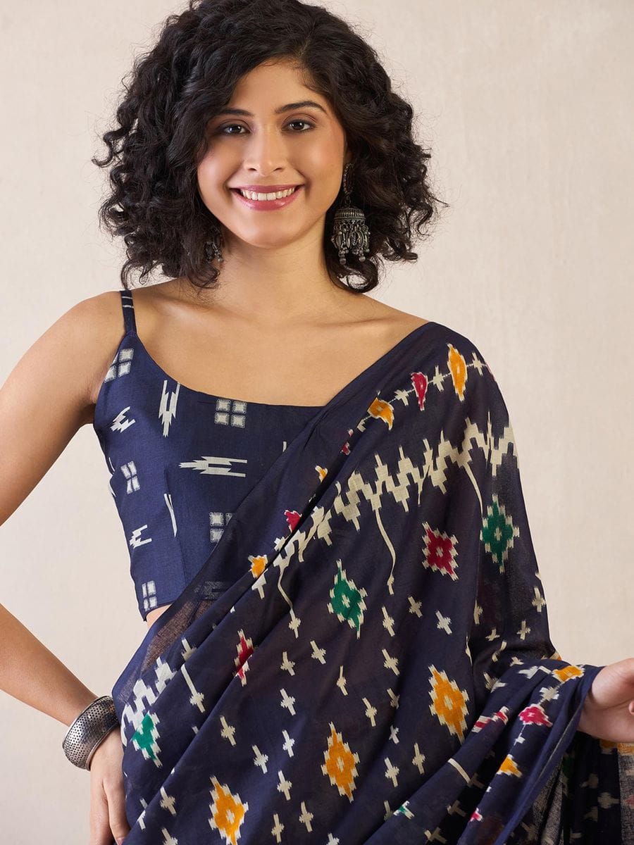 New One Minute Ready To Wear  Pure Soft Mul Cotton Silk Navy Blue Saree With  Pocket Along With Running Unstiched Blouse Piece