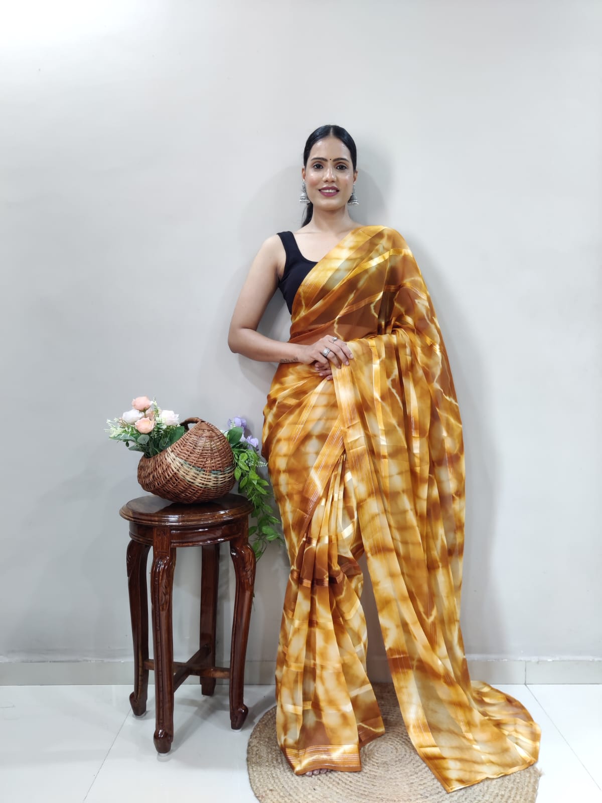 New One Minute Ready Wear Yellow Bandhani Georgette Saree