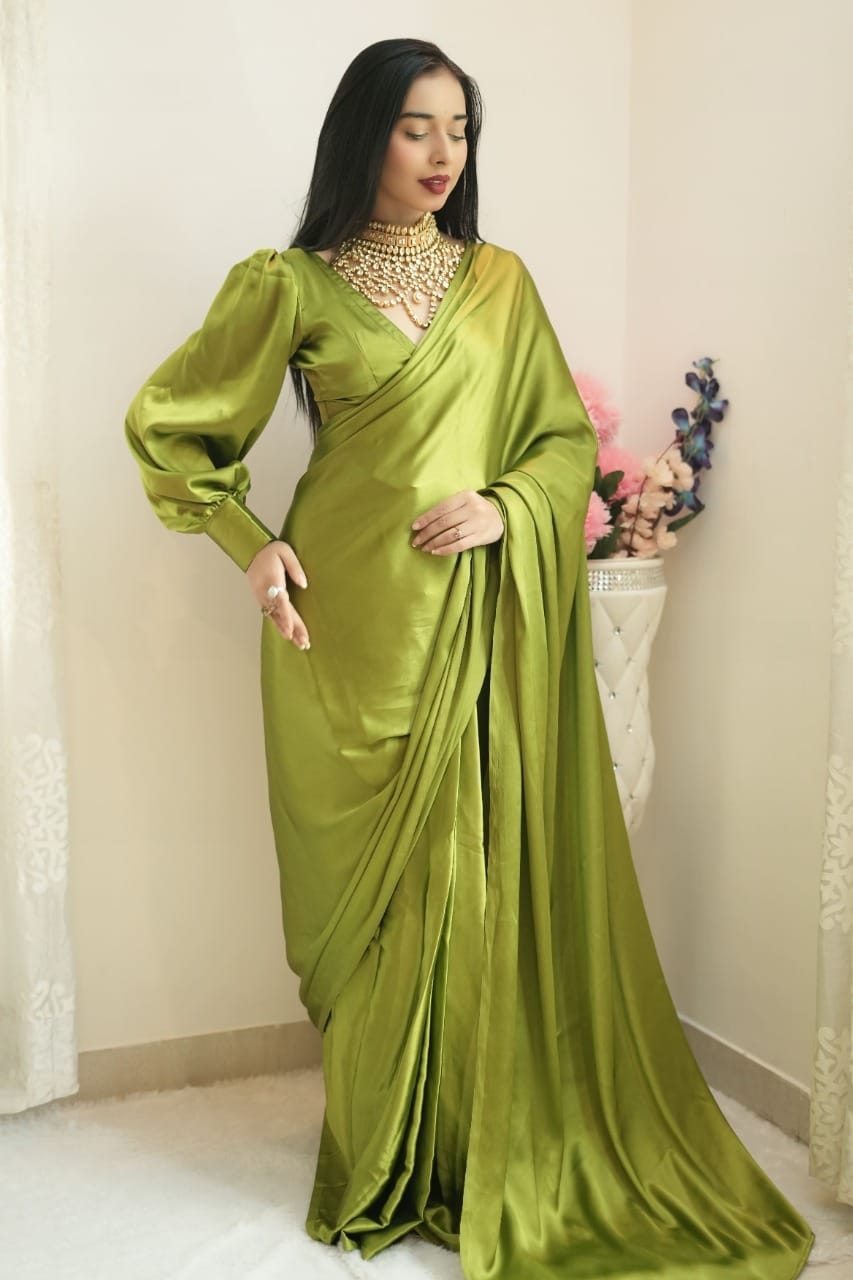New One Minute Ready Wear Parrot Green Satin Saree