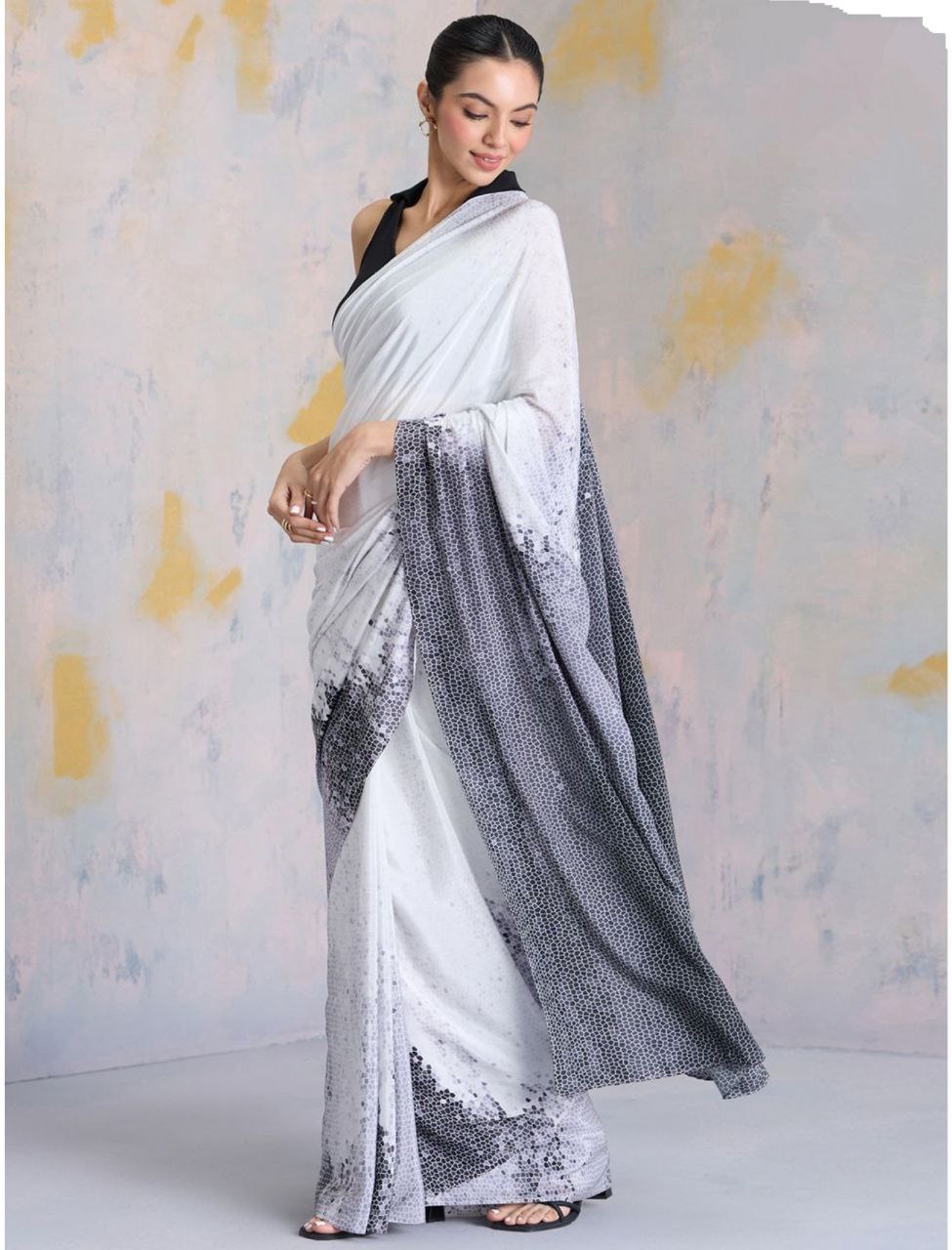 New Designer Premium Party Wear Digital Printed White-Grey Saree