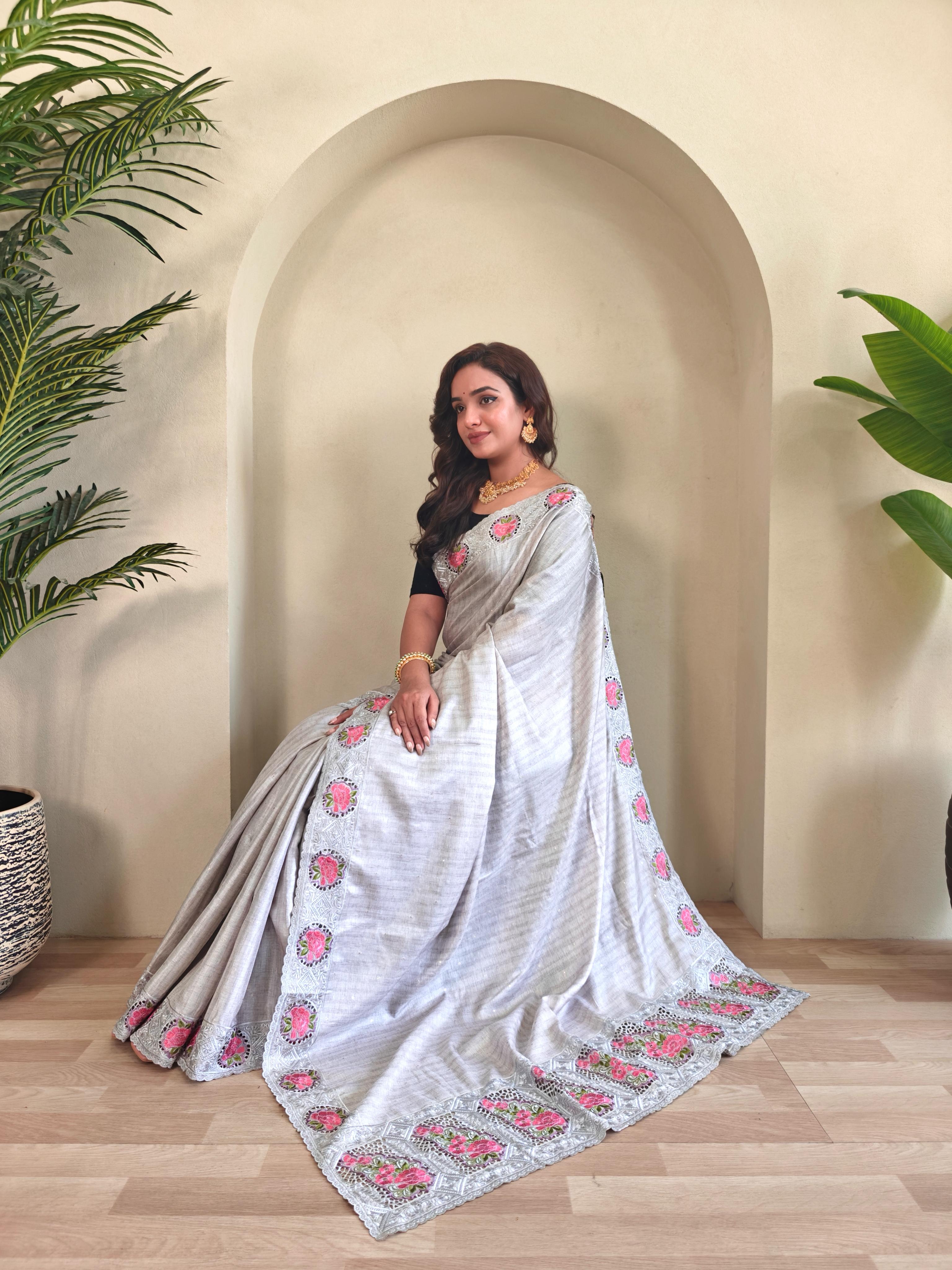 New Designer Soft Tussur Silk Grey Saree With Super Fine Embroidered Pattern With Running Unstiched Blouse Piece