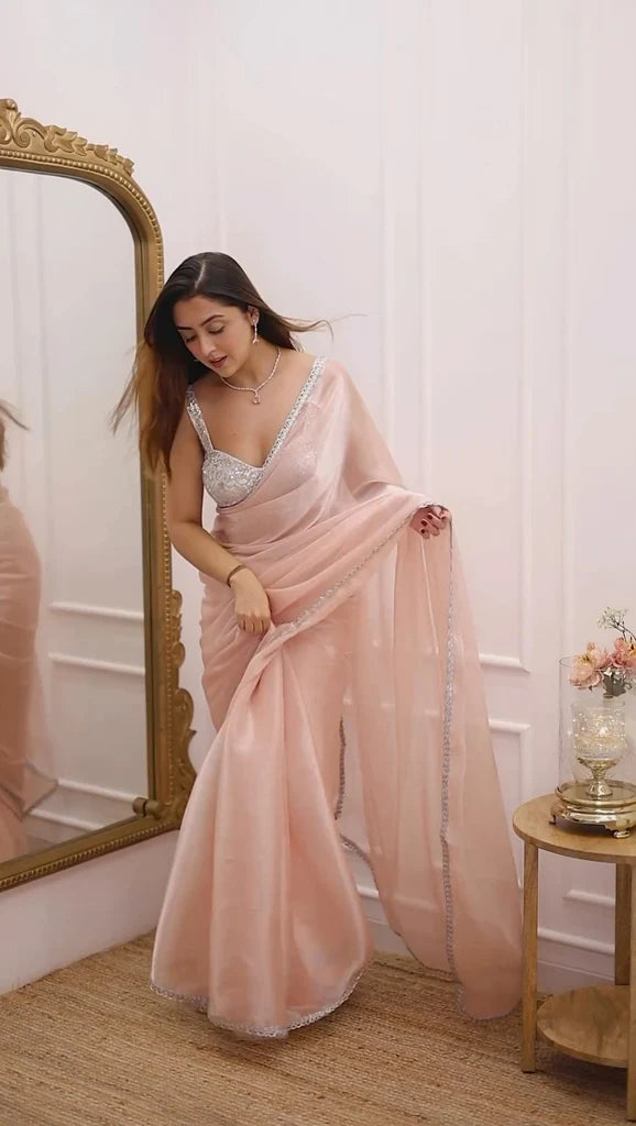 New Fancy Jimichoo Silk Saree With Beautiful Lace Along With Unstiched Blouse