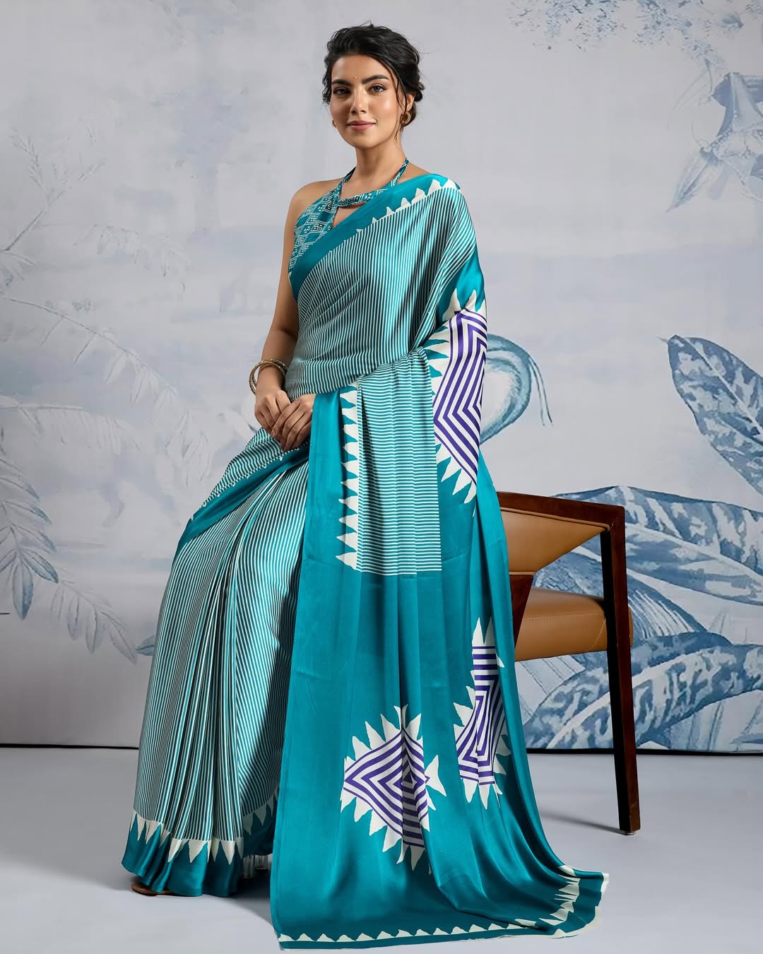 New One Minute Ready To Wear Digital Printed Crape Silk Teal Blue Saree