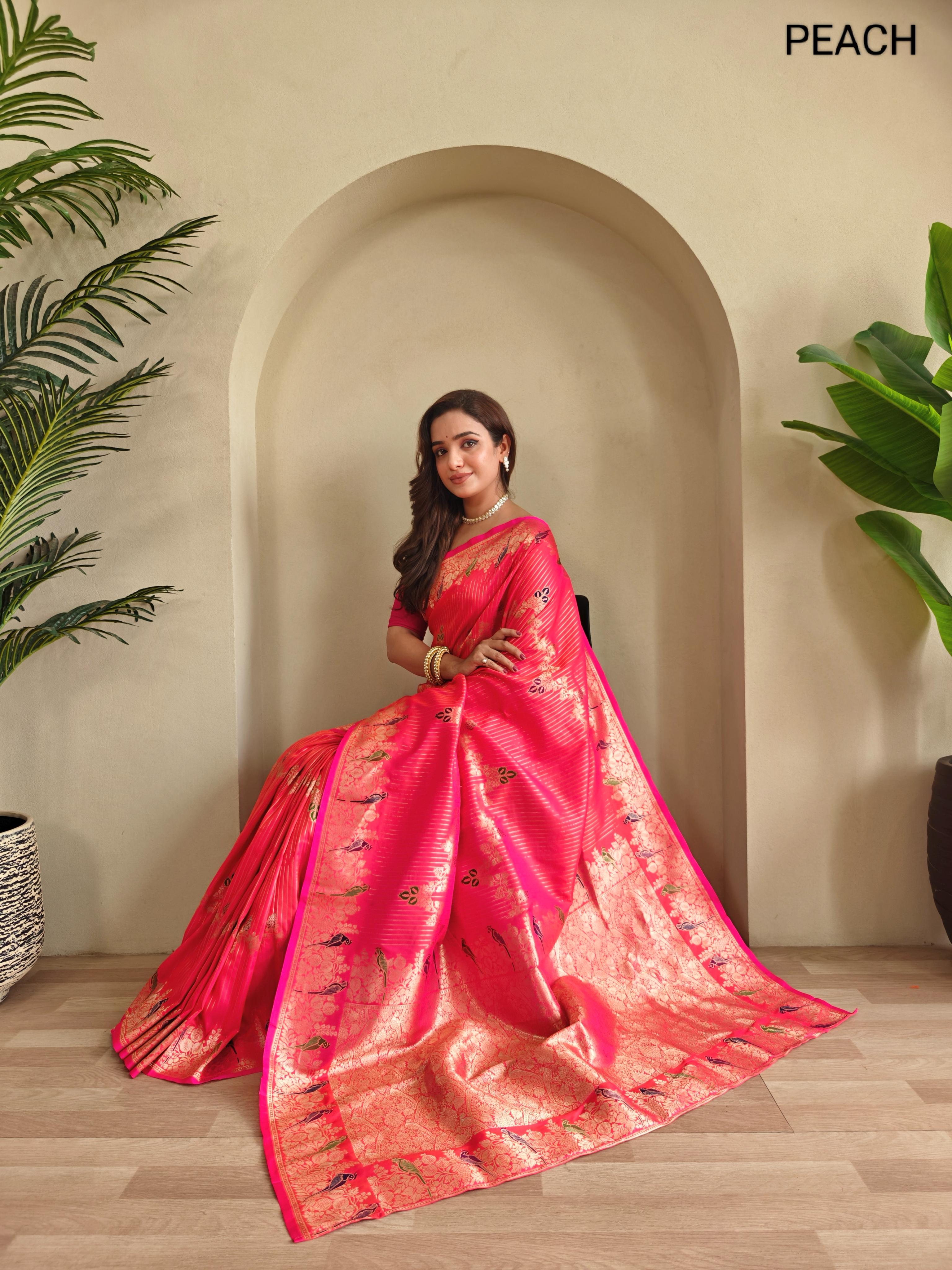 New Designer Banarasi Mushro Satin Silk Zari Weaved Peach Saree With Unstiched Blouse Piece