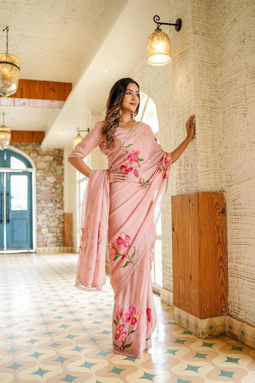 New One Minute Ready To Wear Soft Georgette Silk Saree With Digital Printed Flowered Design With Same Modeling Pattern Hand worked Stiched Blouse