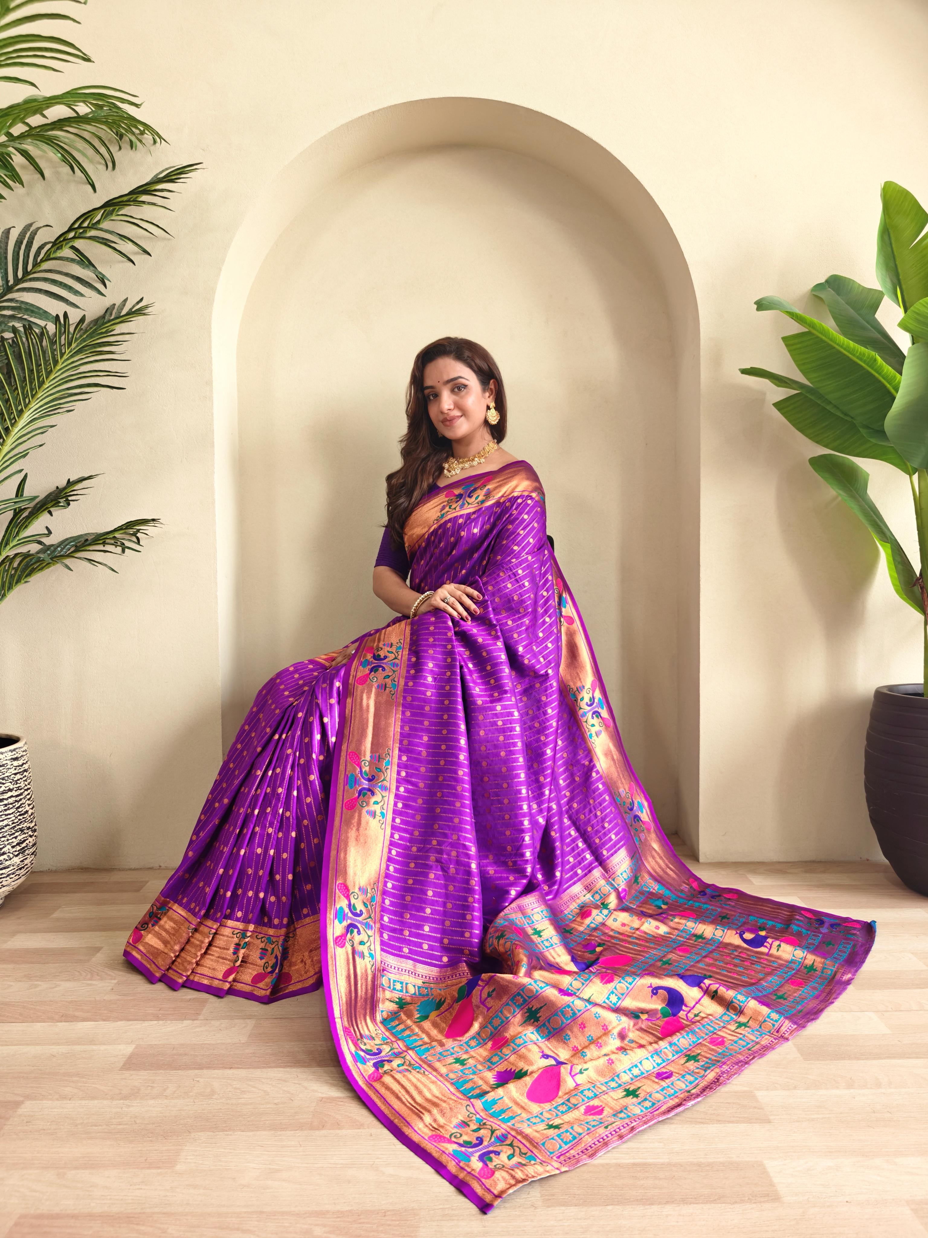 New Designer Premium Paithani Dark Purple Saree With Rich Weaved Paithani Pallu Along With All Over Polka Design With Contrast Unstiched Blouse Piece