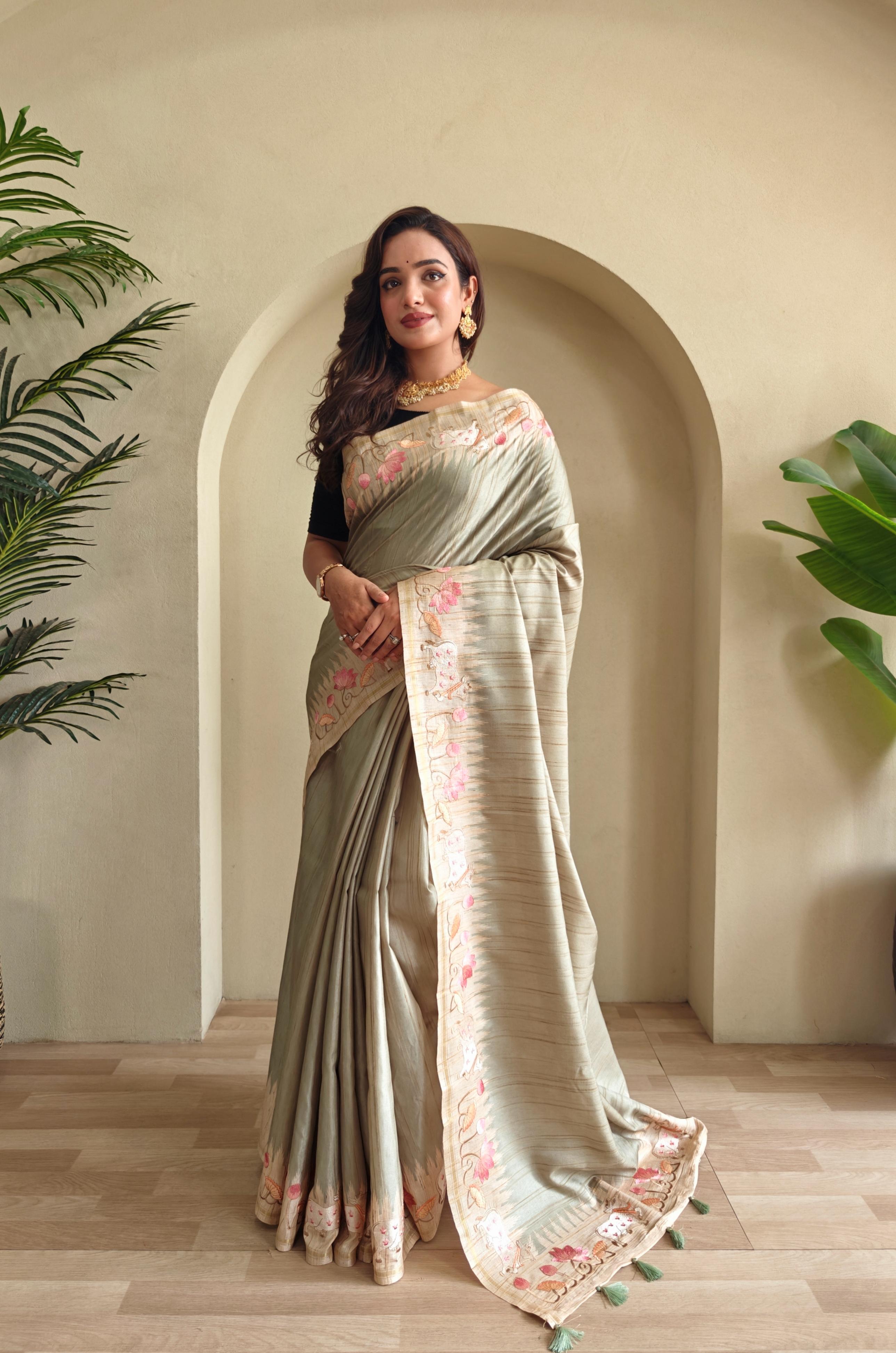 New Designer Premium Pure Loom Tusser Saree With All Over Pichwai Style Embroidery Pattern and Pallu With Tassles Along With Unstiched Blouse Piece