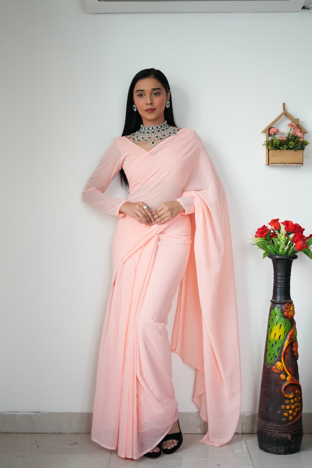 New One Minute Ready Wear Pastel Orange Georgette Saree