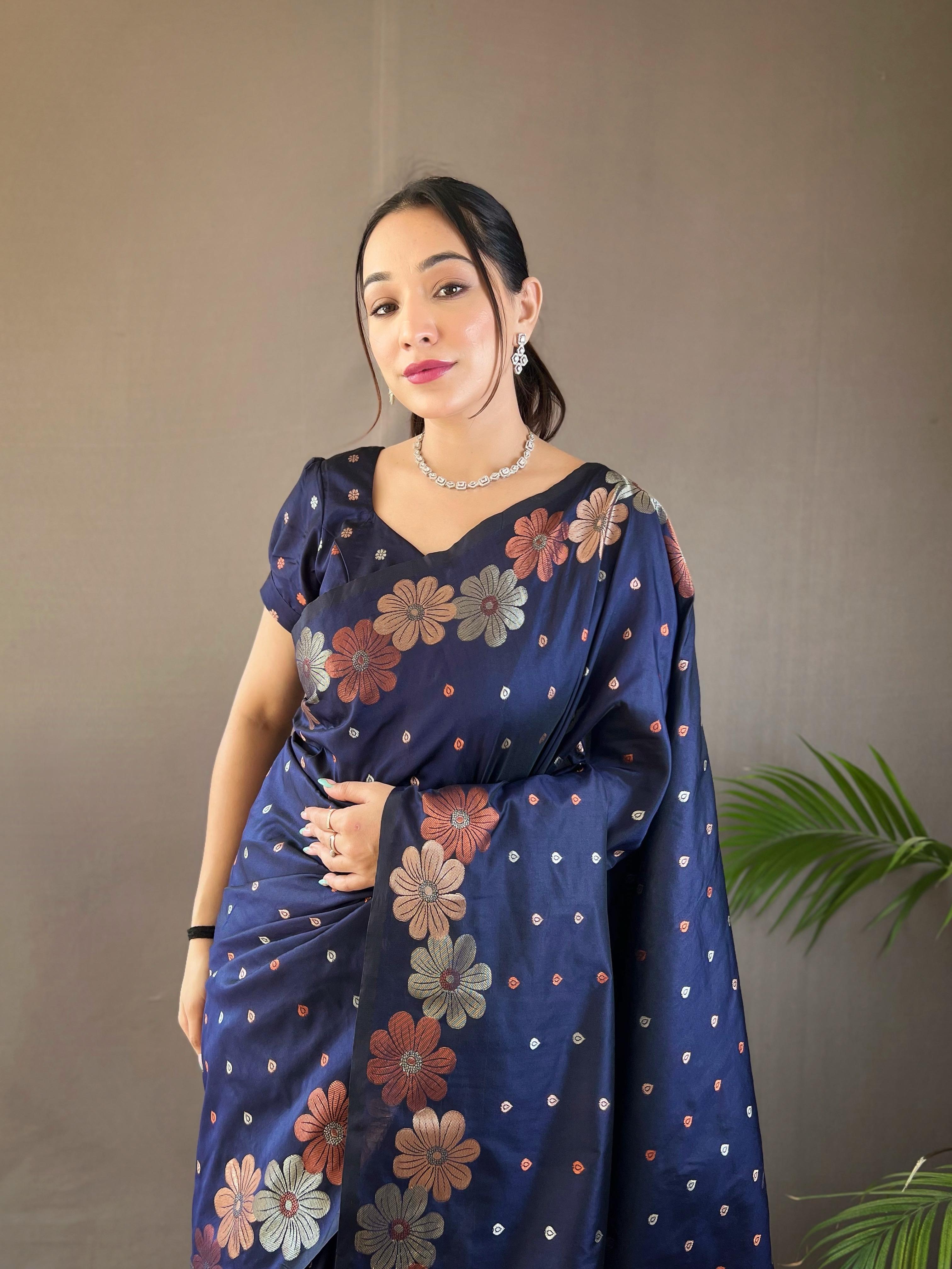 New Designer Pure Soft Silk Navy Blue Saree With Copper and Gold Weaving All Over Saree With Running Unstiched Blouse Piece