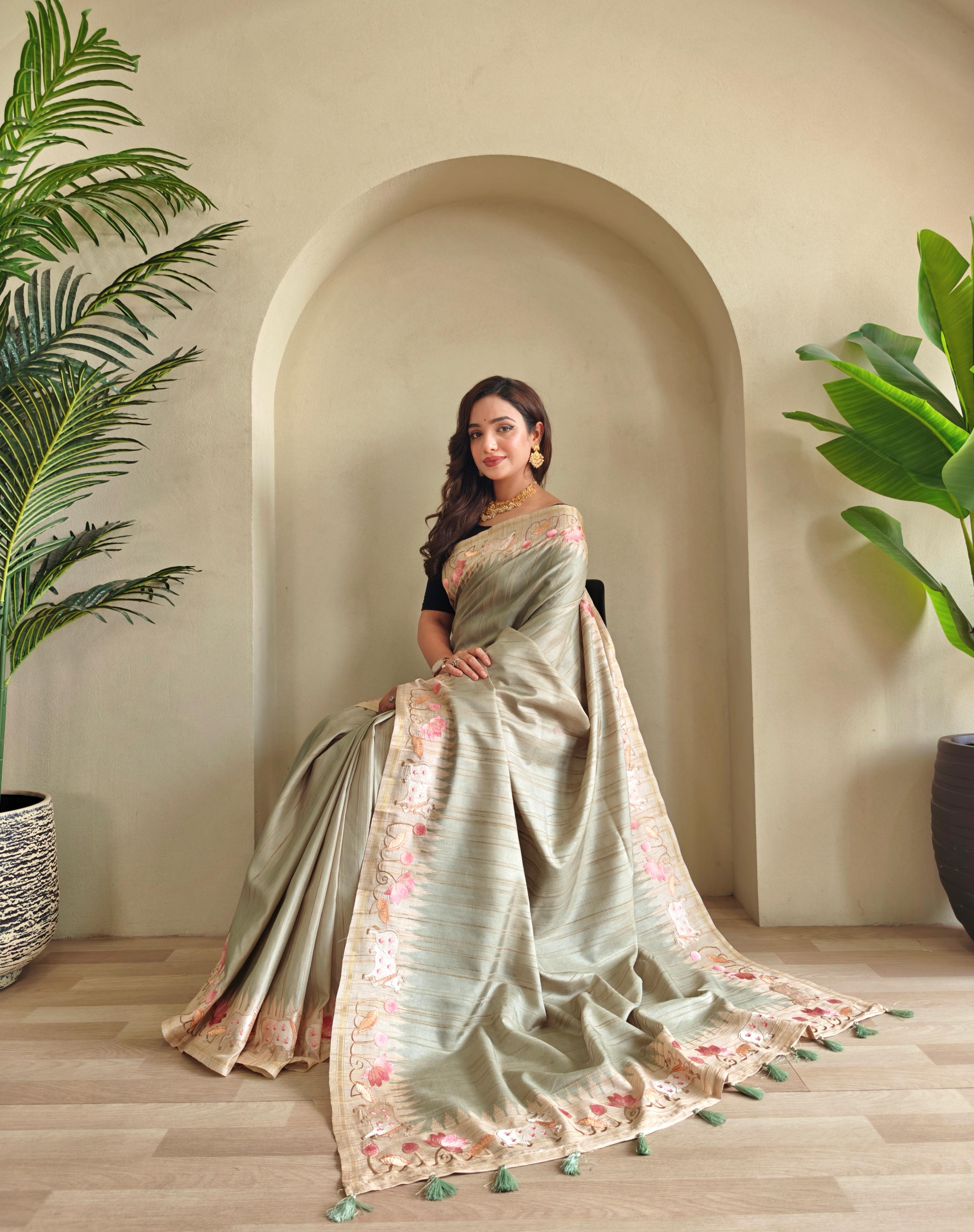 New Designer Premium Pure Loom Tusser Saree With All Over Pichwai Style Embroidery Pattern and Pallu With Tassles Along With Unstiched Blouse Piece