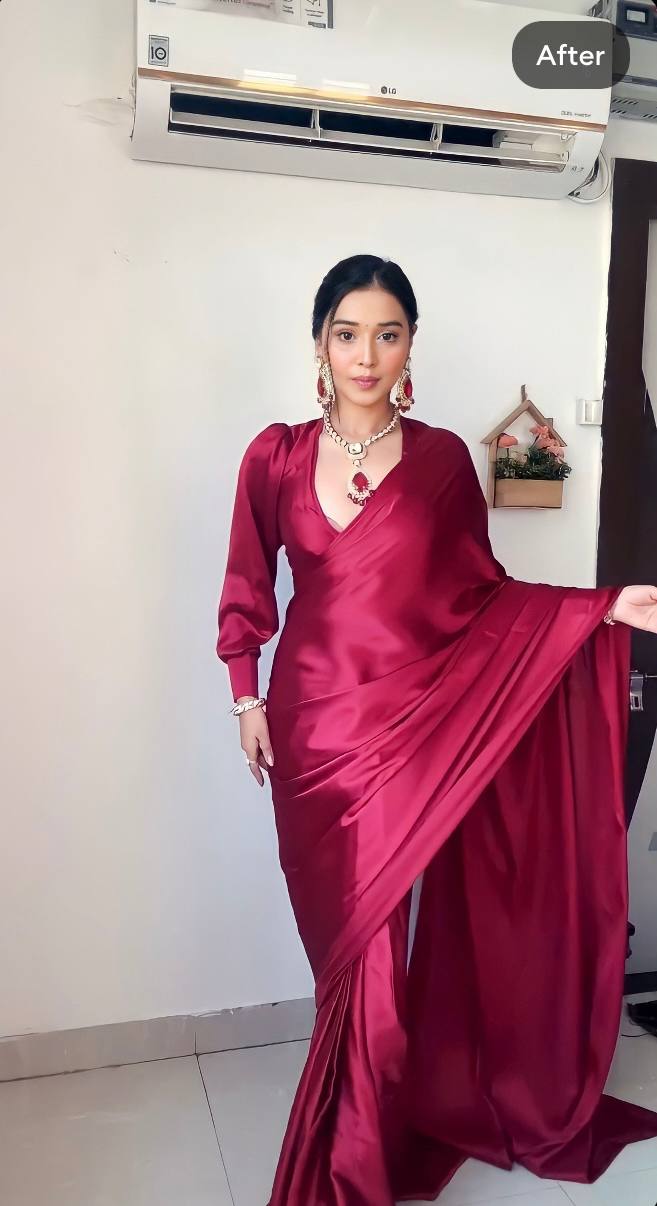 New One Minute Ready Wear Maroon Red Satin Saree