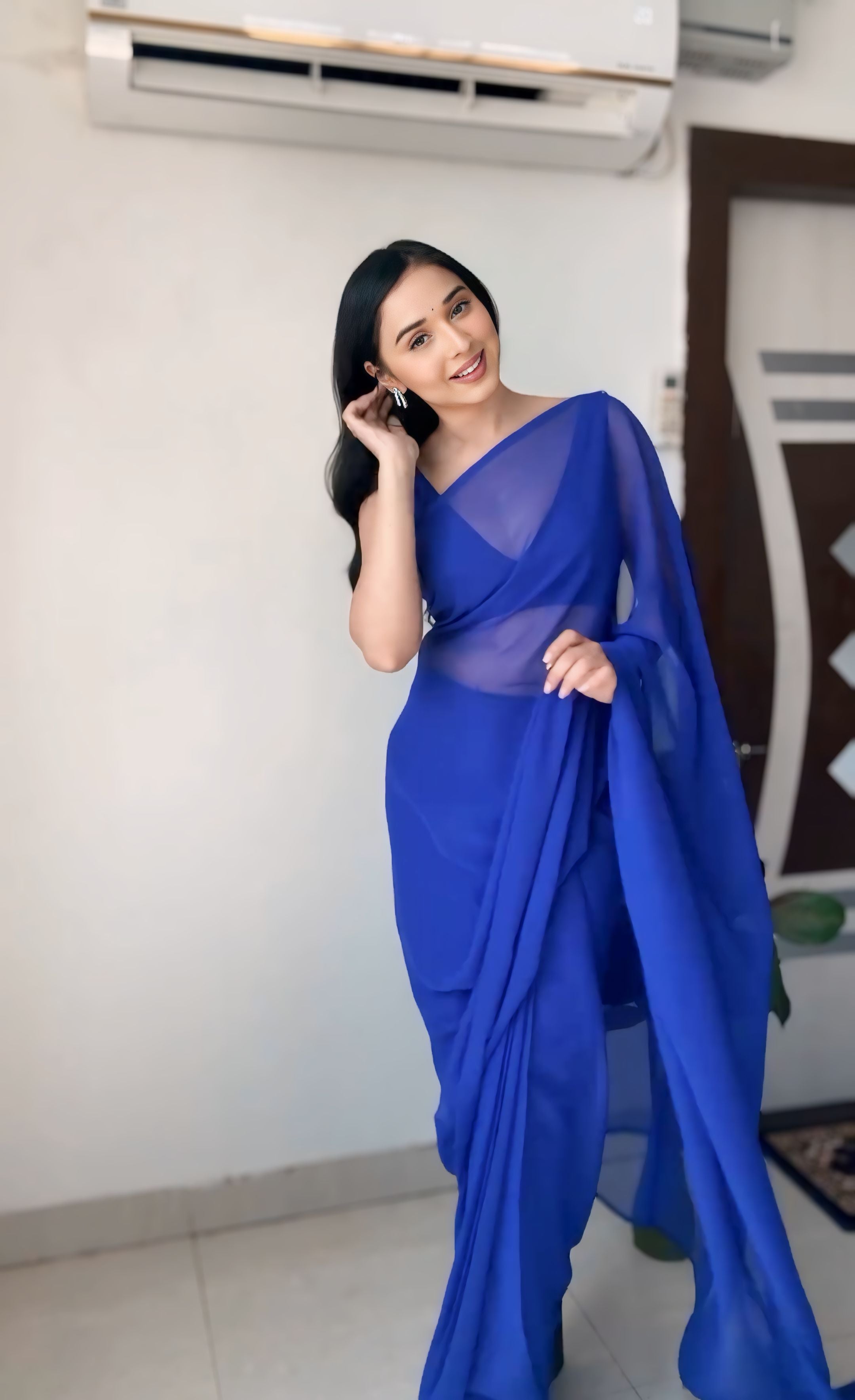 New One Minute Ready Wear Royal Blue Georgette Saree