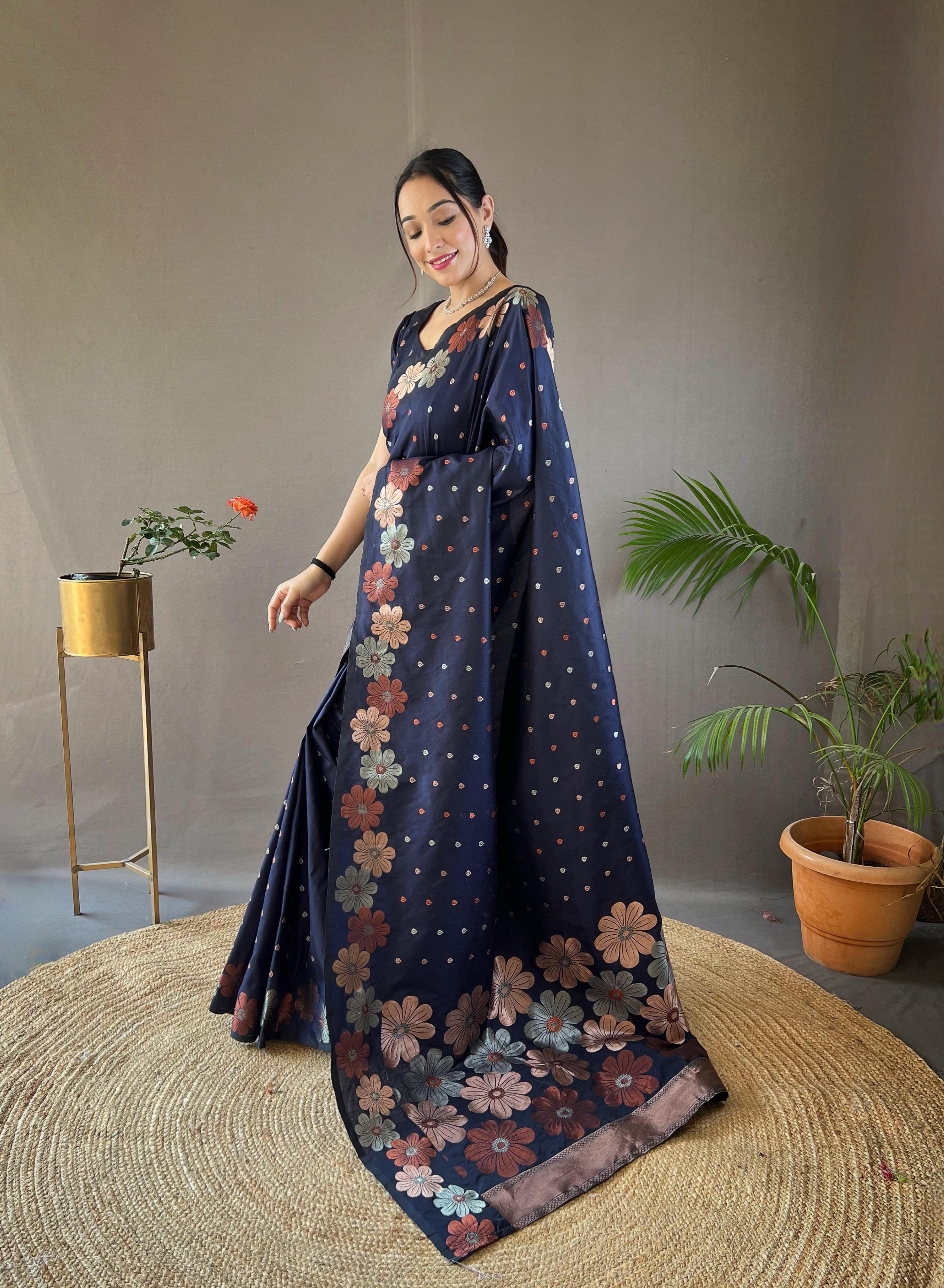 New Designer Pure Soft Silk Navy Blue Saree With Copper and Gold Weaving All Over Saree With Running Unstiched Blouse Piece