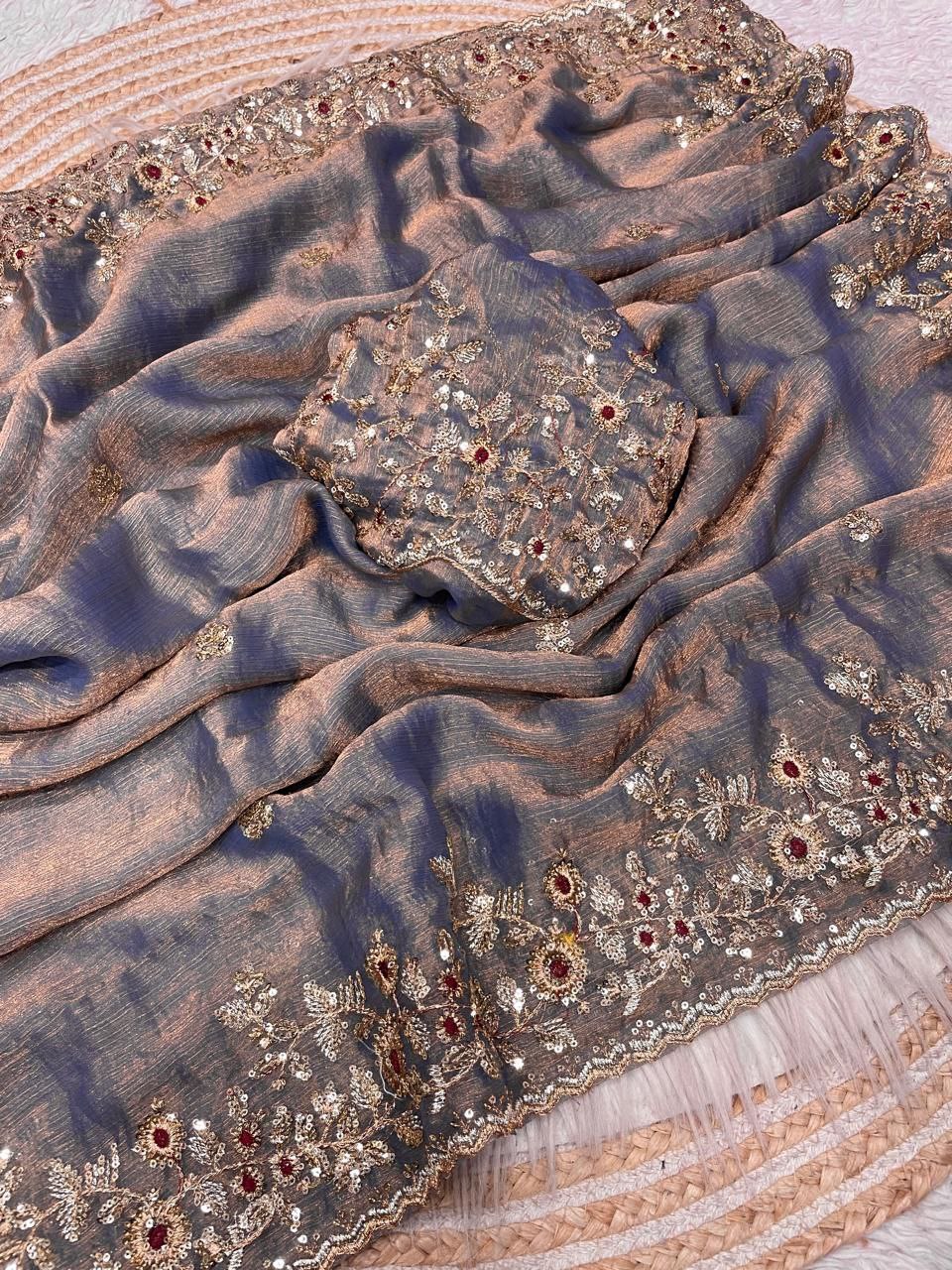 New Designer Fendy Chiffon Two Tone Saree - Grey