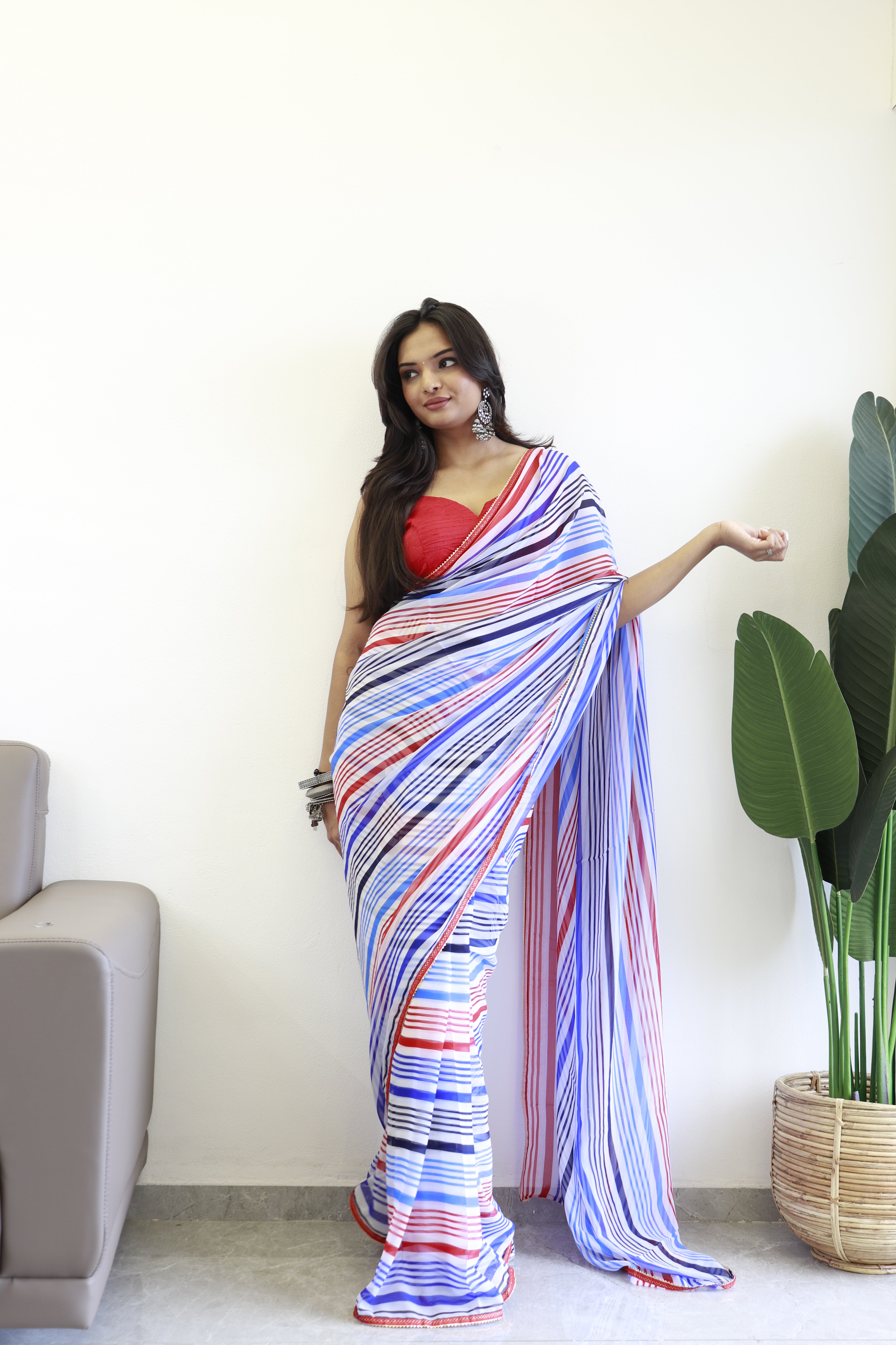 New One Minute Ready Wear Blue Multicolor Strip Saree