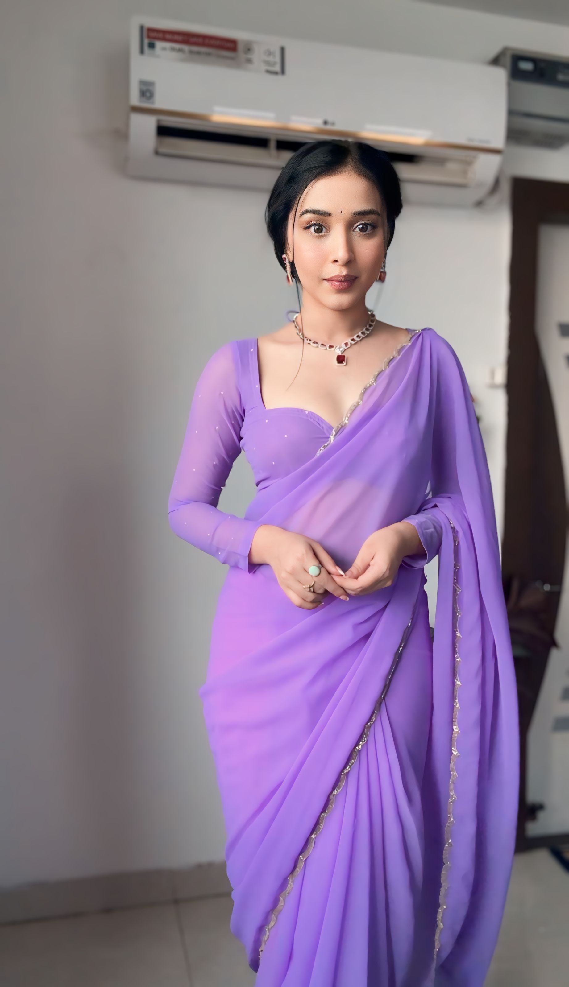One Minute Ready To Wear Muave Purple Pure Soft Georgette Silk Saree