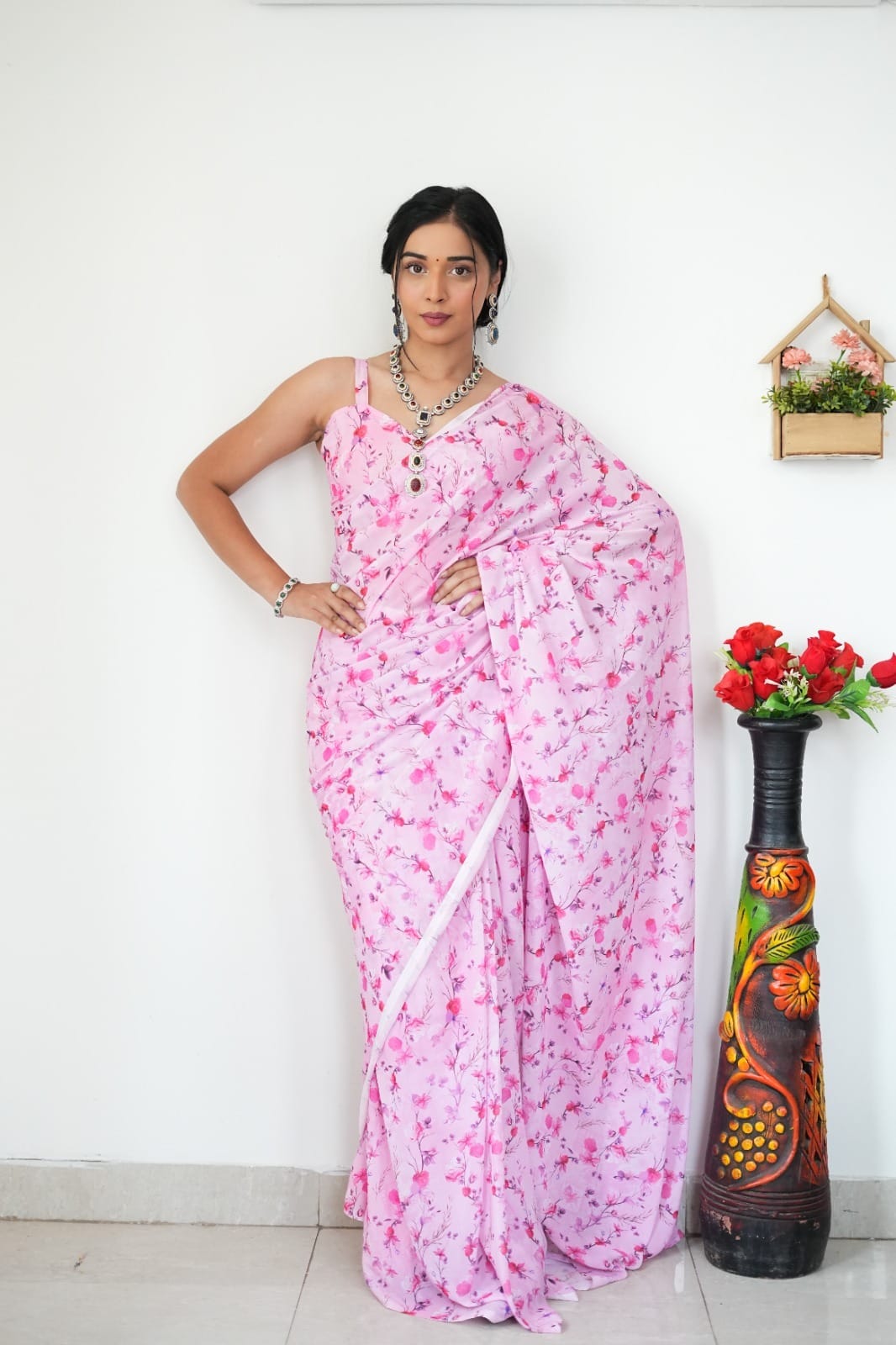 New One Minute Ready To Wear  Pure Soft Georgette Silk Multi Flower Design Pink Saree Along With Same Colour Unstiched Blouse Piece