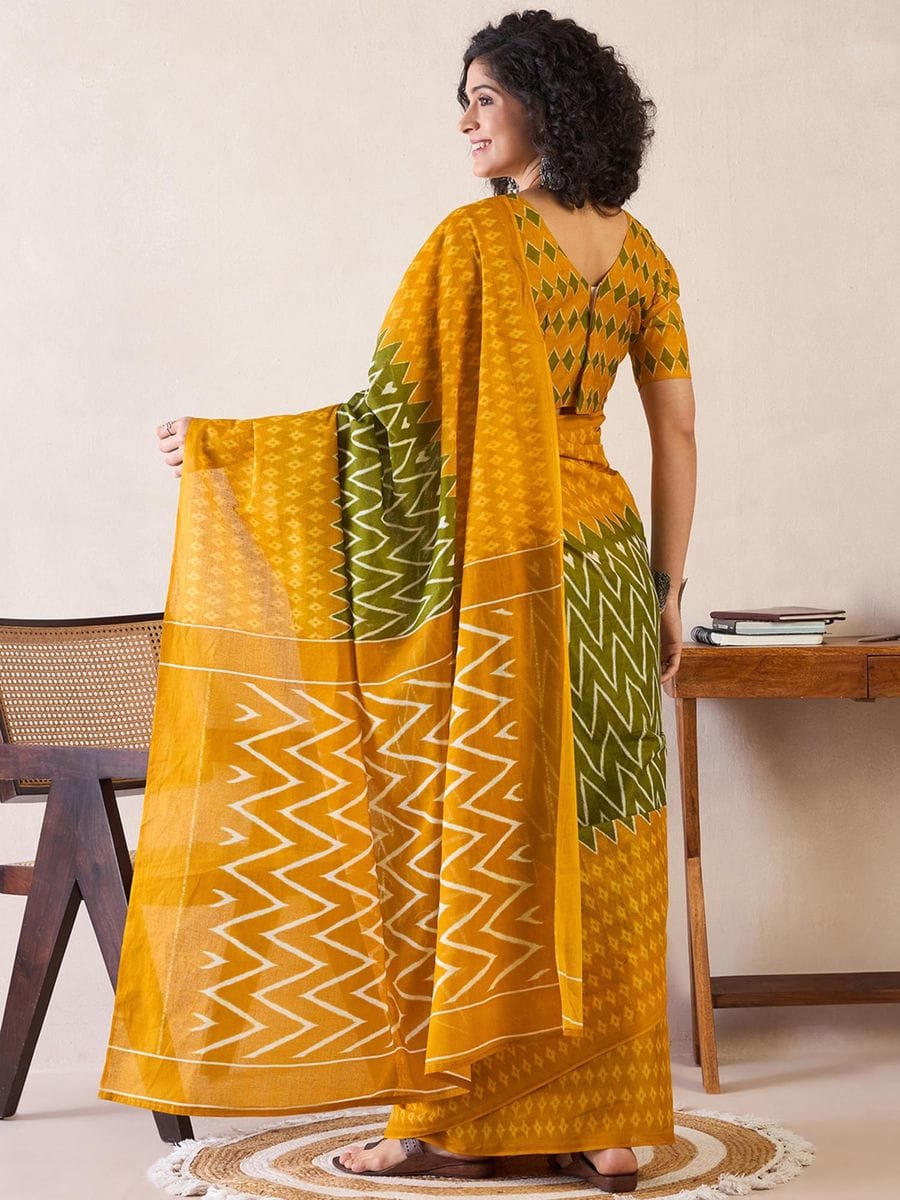 New One Minute Ready To Wear Beautiful Zig Zag Designed Pure Soft Mul Cotton Silk Yellow-Green Saree With  Pocket Along With Same Model  Unstiched Blouse Piece