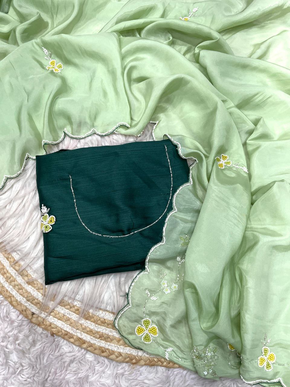 New Designer HO Silk Saree With Arco Border Cutdana Hand Work - Green