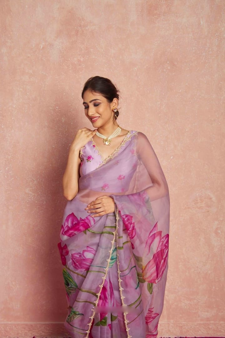 New One Minute Ready To Wear Soft Organza Silk Lavender Saree with Beautiful Hand Worked Moti  And Val Work With Same Handworked Stiched Blouse