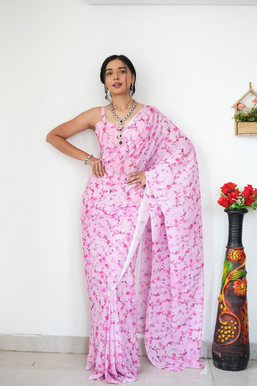New One Minute Ready To Wear  Pure Soft Georgette Silk Multi Flower Design Pink Saree Along With Same Colour Unstiched Blouse Piece