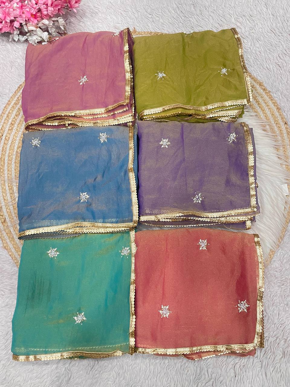 New Designer NC Moss Sattin Saree With All Over Birts Sequence Butti Work - Teal Green