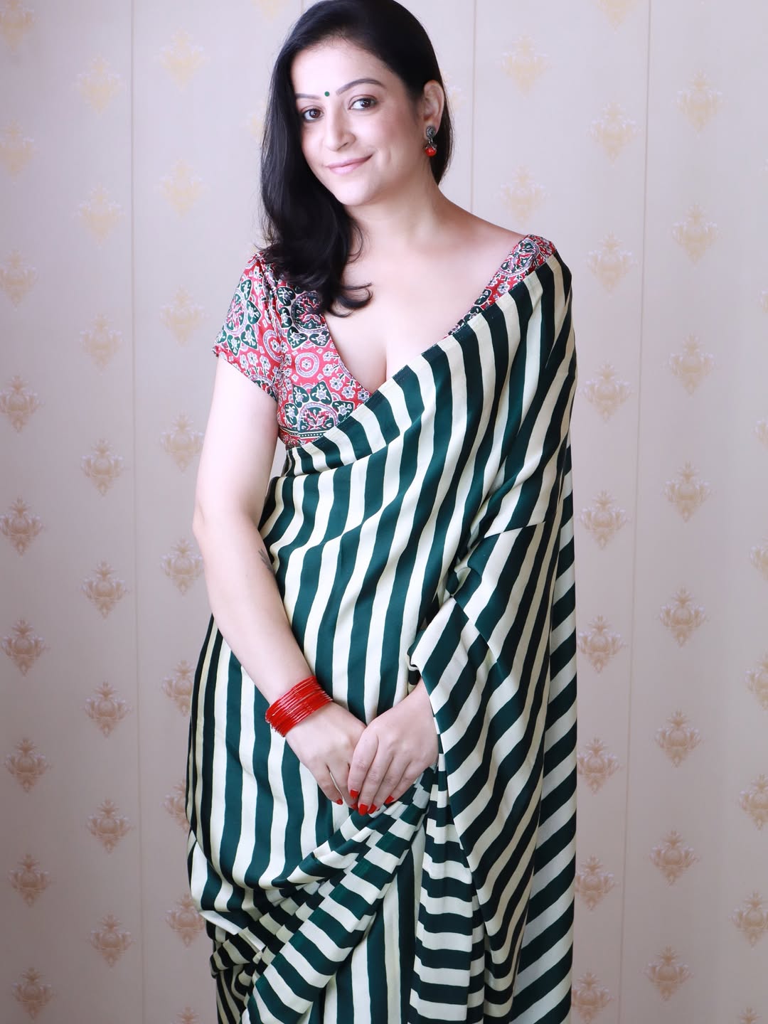 New One Minute Ready To Wear Digital Printed Crape Silk Green-White Saree
