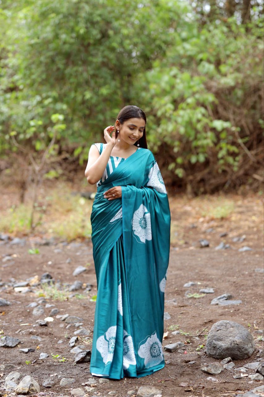 New Designer Original Japan Satin Flower Printed Teal Blue Saree With Digital Printed Unstiched Blouse Piece