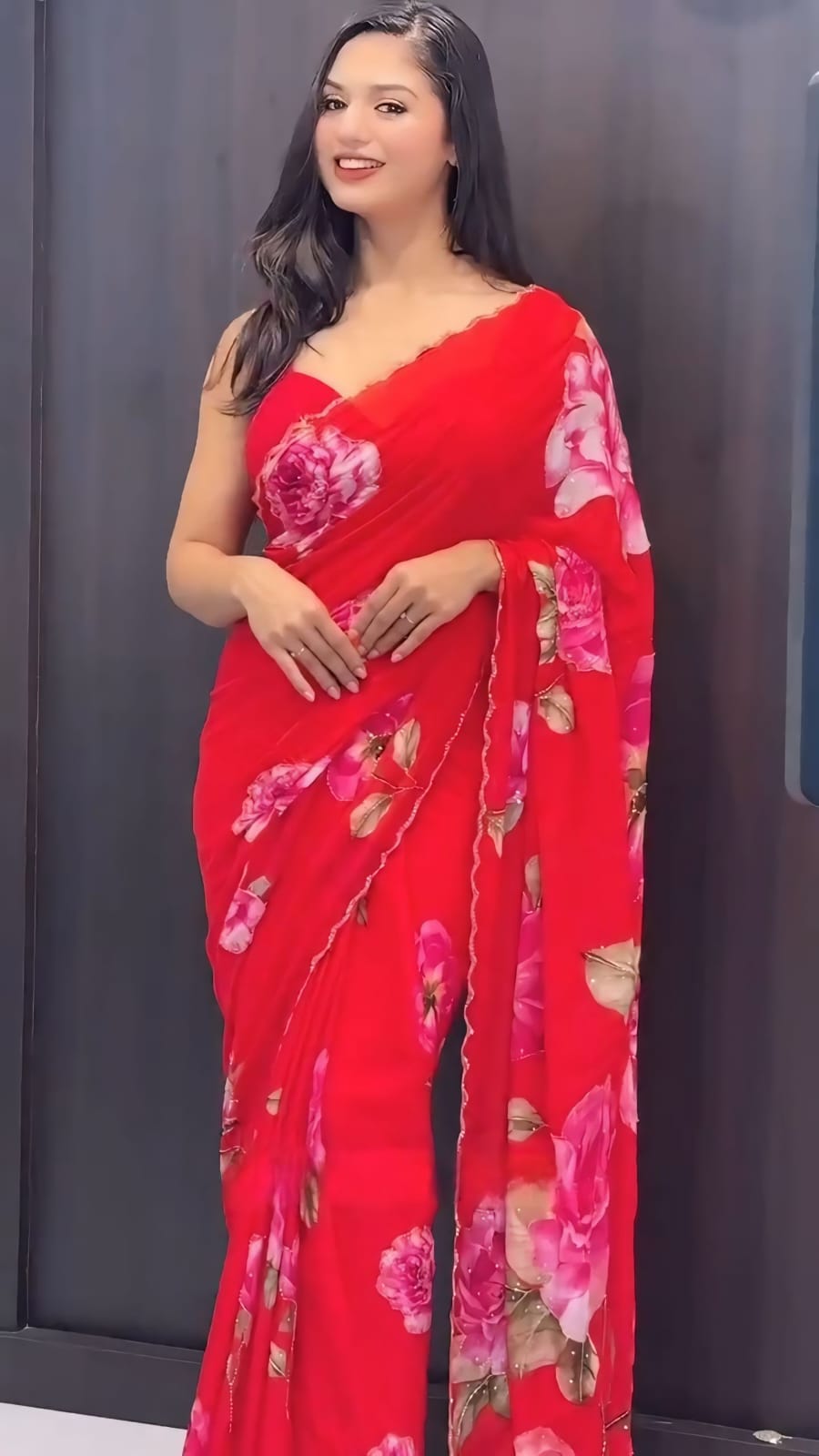 New One Minute Ready To Wear Pure Georgette Silk Red Saree With Beautiful Cutdana Handwork With Unstiched Blouse Piece