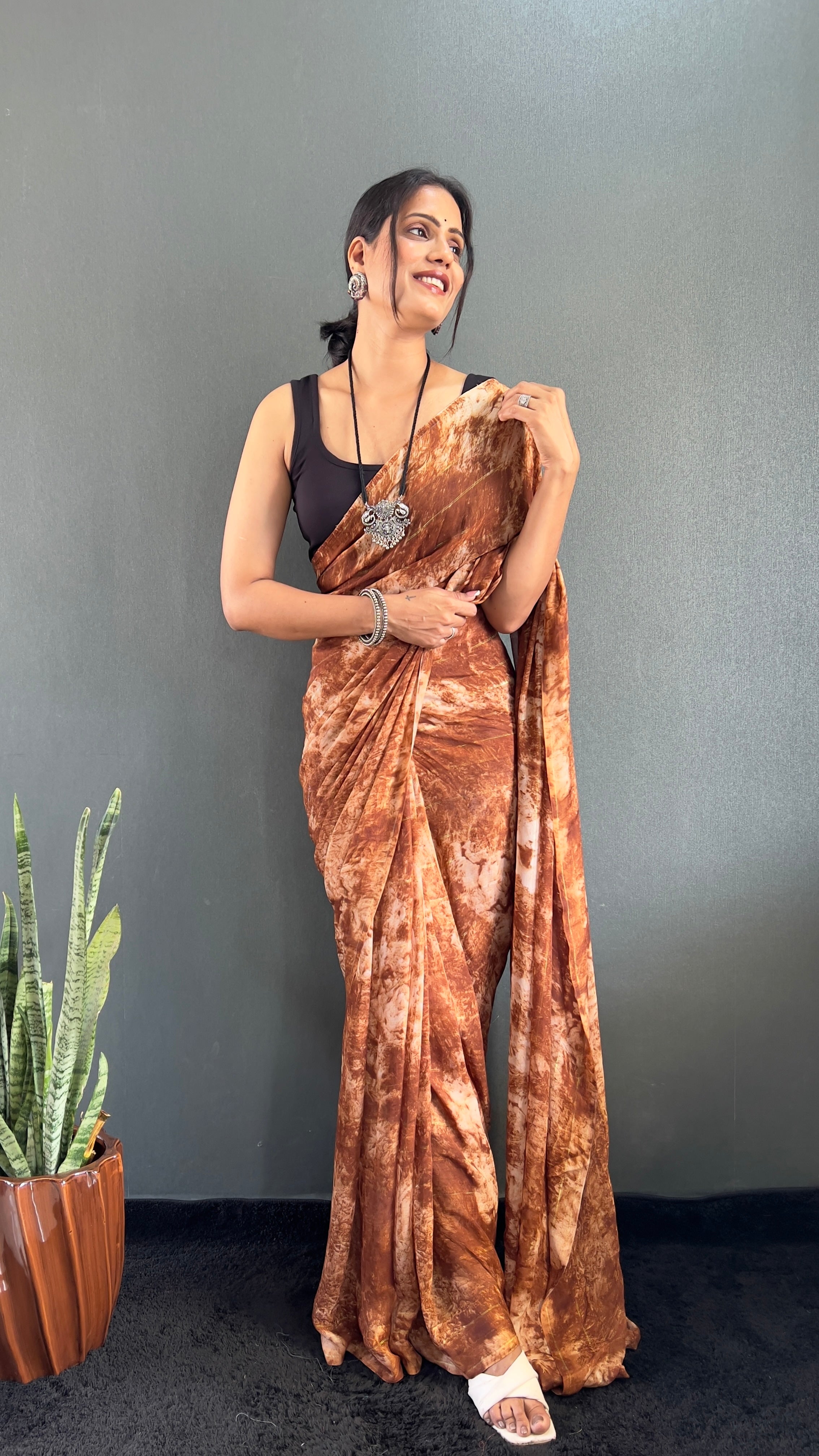 Adita One Minute Ready To Wear Brown Saree With Unstiched Blouse