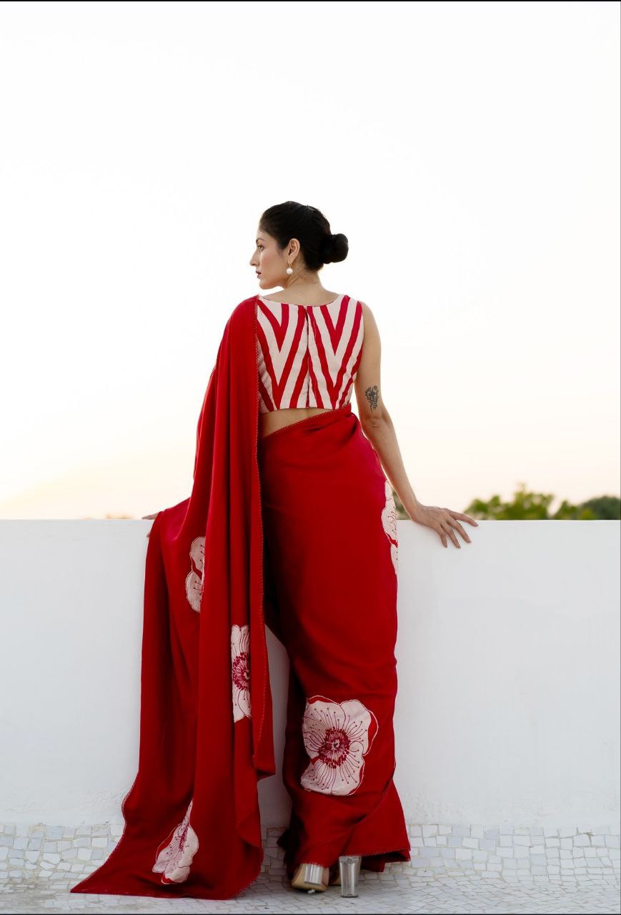 New Designer Original Japan Satin Flower Printed Red Saree With Digital Printed Unstiched Blouse Piece