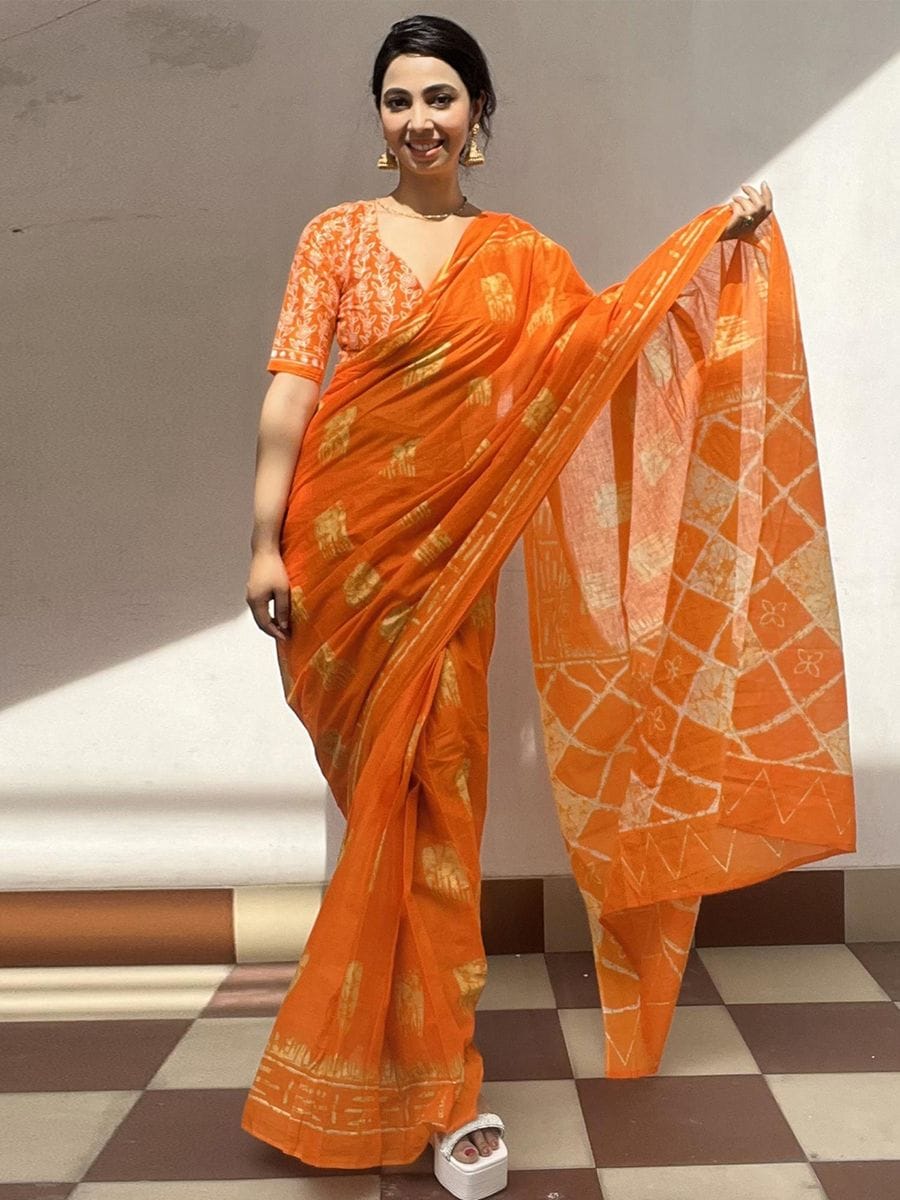 New One Minute Ready To Wear  Pure Soft Mul Cotton Silk Orange Saree With  Pocket Along With Running Unstiched Blouse Piece
