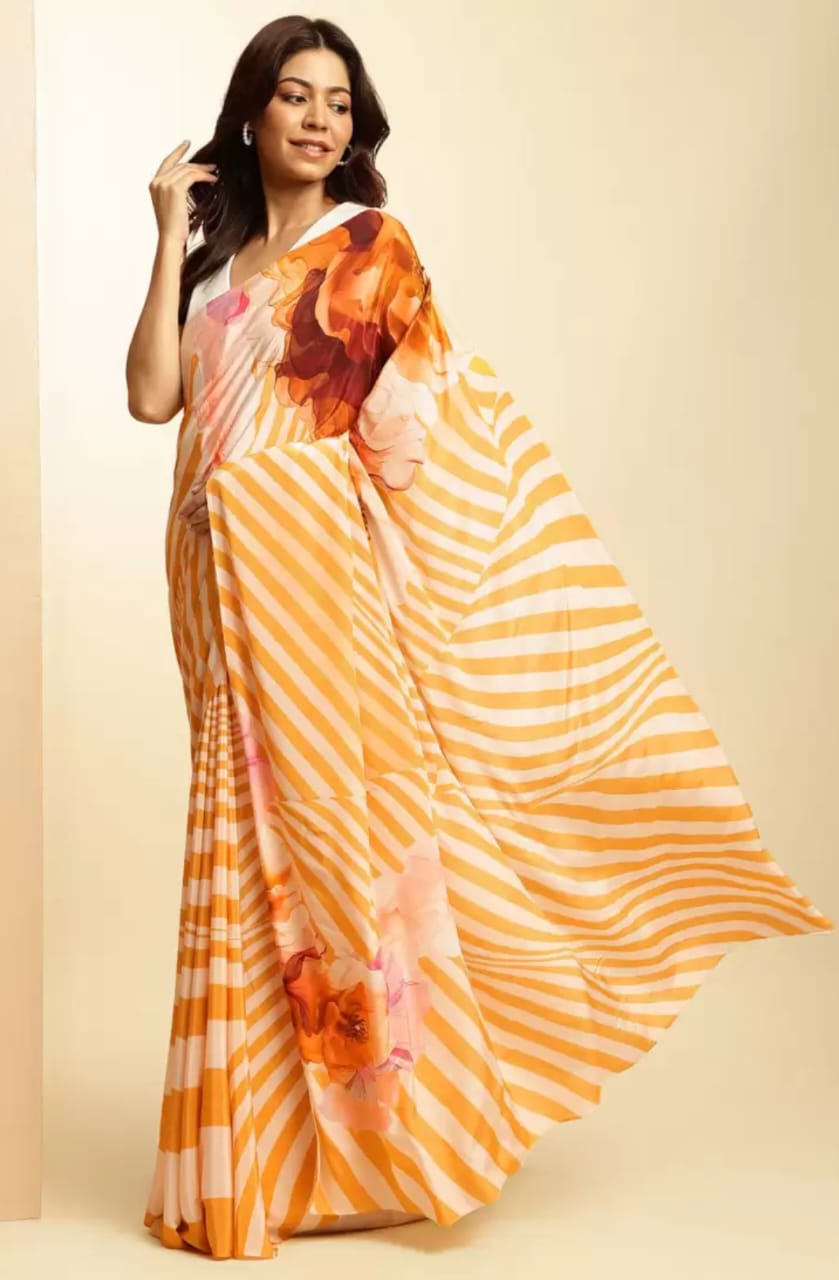 New Designer Original Japan Satin Devsena Zebra And Flower Print Orange Yellow Saree With Digital Printed Unstiched Blouse Piece