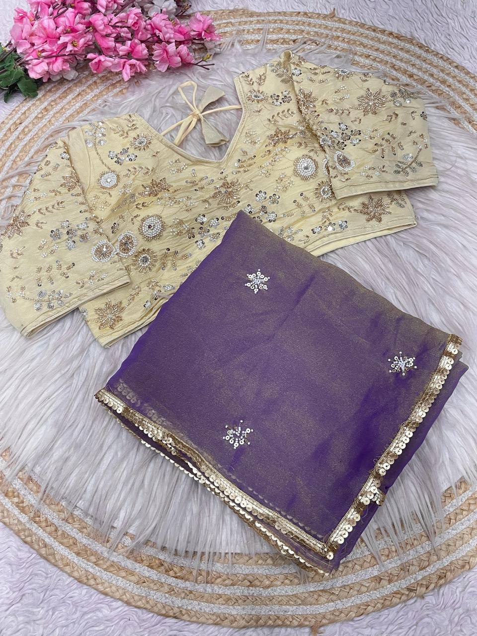 New Designer NC Moss Sattin Saree With All Over Birts Sequence Butti Work - Purple