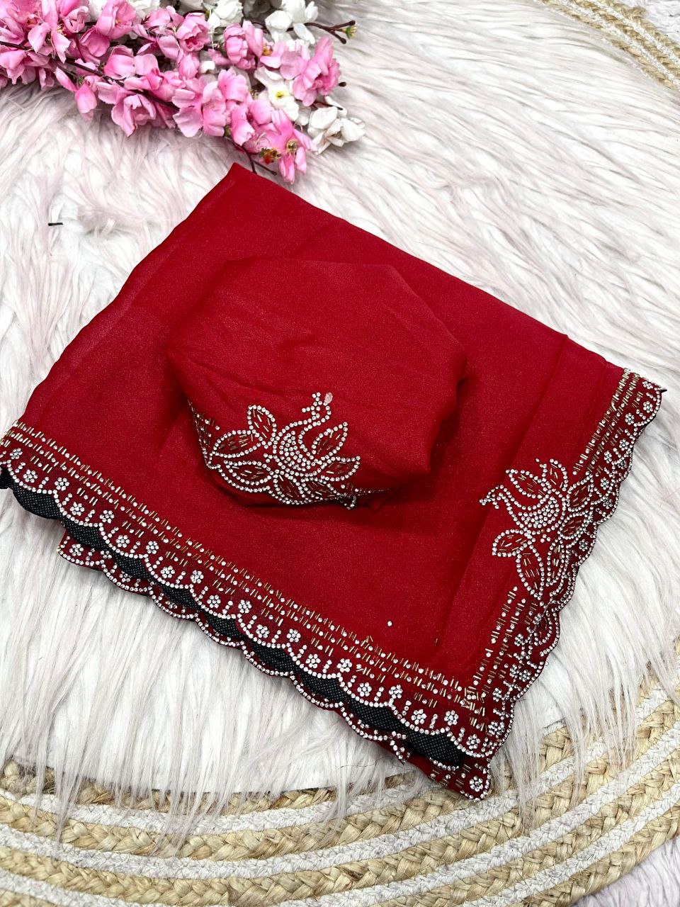 New Designer Blooming Georgette Red Saree With Jarkhan Work