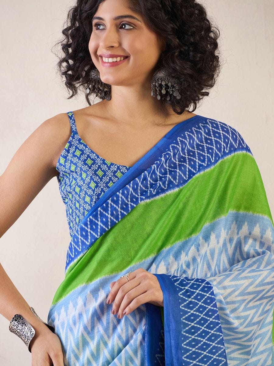 New One Minute Ready To Wear  Pure Soft Mul Cotton Silk zigzag Design Pastel Blue Saree With Pocket Along With Same Model Digital printed Unstiched Blouse Piece