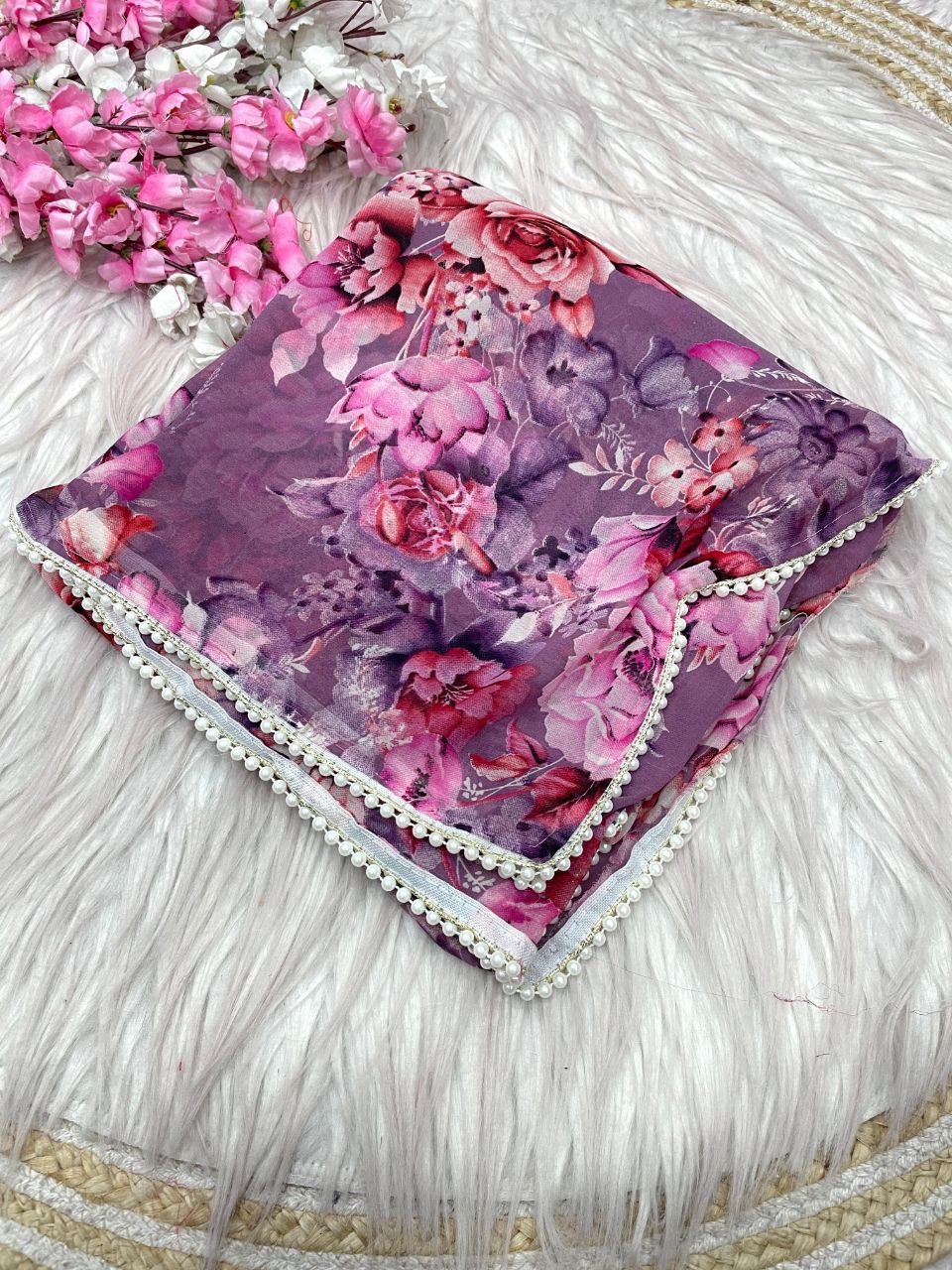 New Designer Digital Foral Printed Georgette Saree - Purple