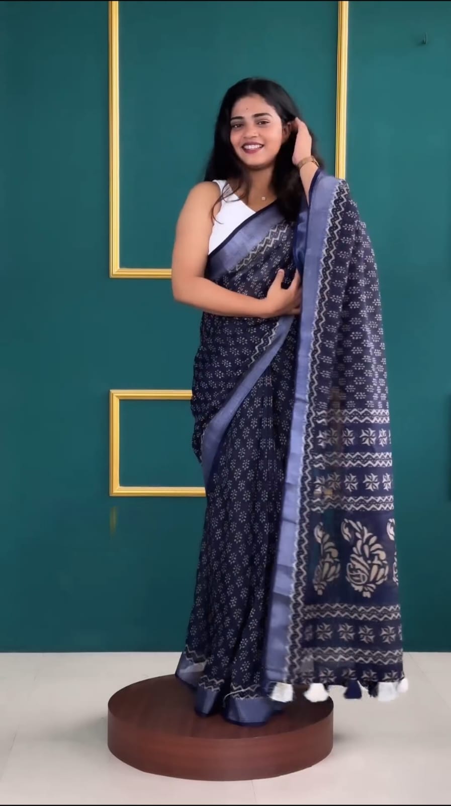 New One Minute Ready To Wear Digital Flower Printed Pure Soft Linen Silk Blue Saree With Running Unstiched Blouse Piece
